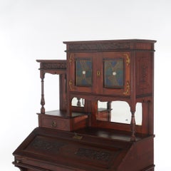 Antique Aesthetic Mahogany Drop Front Lady’s Desk with Jeweled Stained Glass