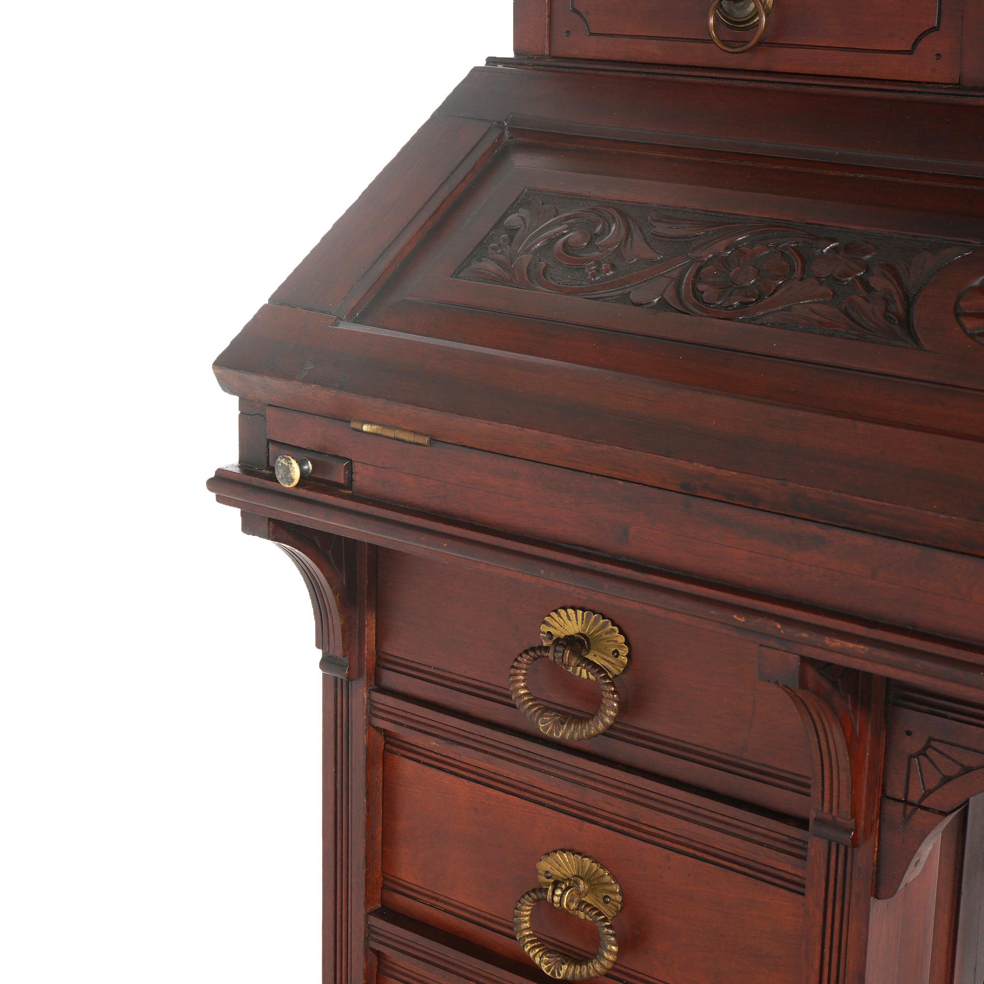 Antique Aesthetic Mahogany Drop Front Lady’s Desk with Jeweled Stained Glass In Good Condition In Big Flats, NY