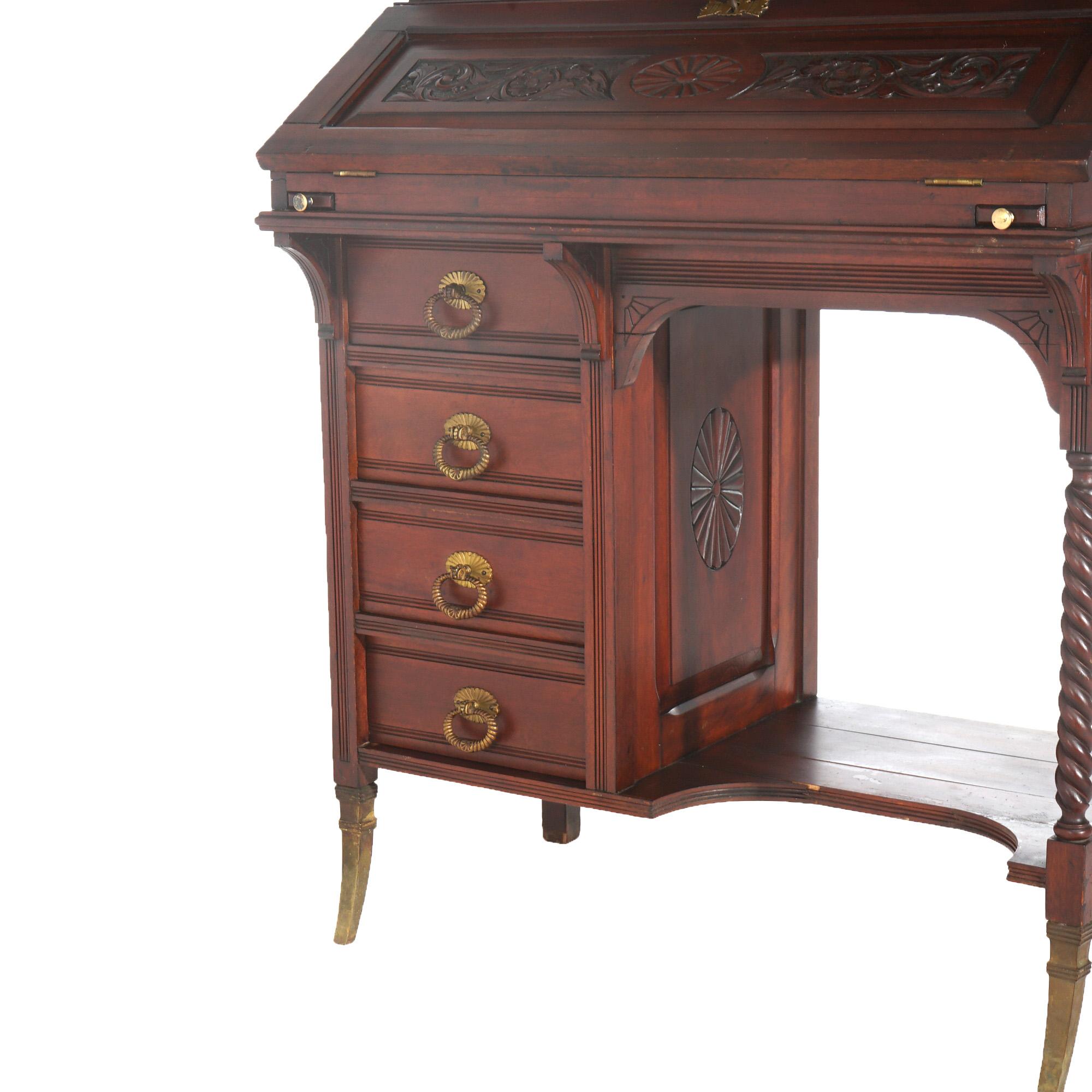 19th Century Antique Aesthetic Mahogany Drop Front Lady’s Desk with Jeweled Stained Glass