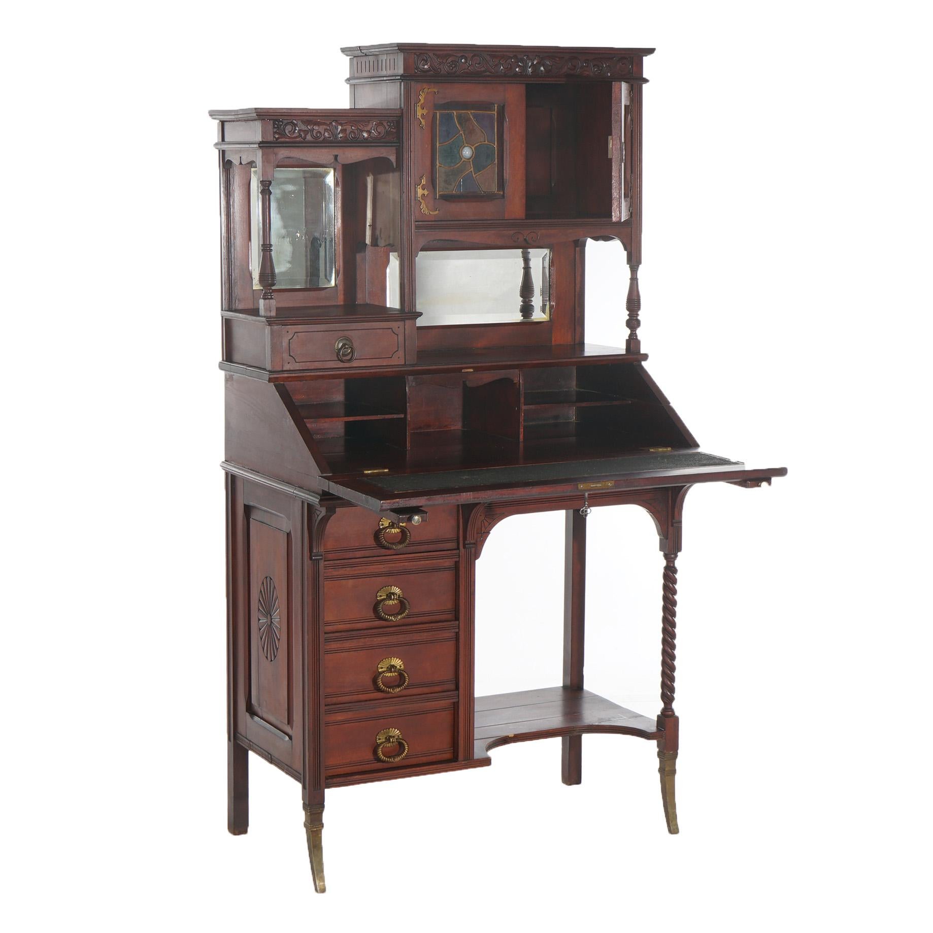 Antique Aesthetic Mahogany Drop Front Lady’s Desk with Jeweled Stained Glass 3