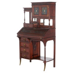Antique Aesthetic Mahogany Drop Front Lady’s Desk with Jeweled Stained Glass