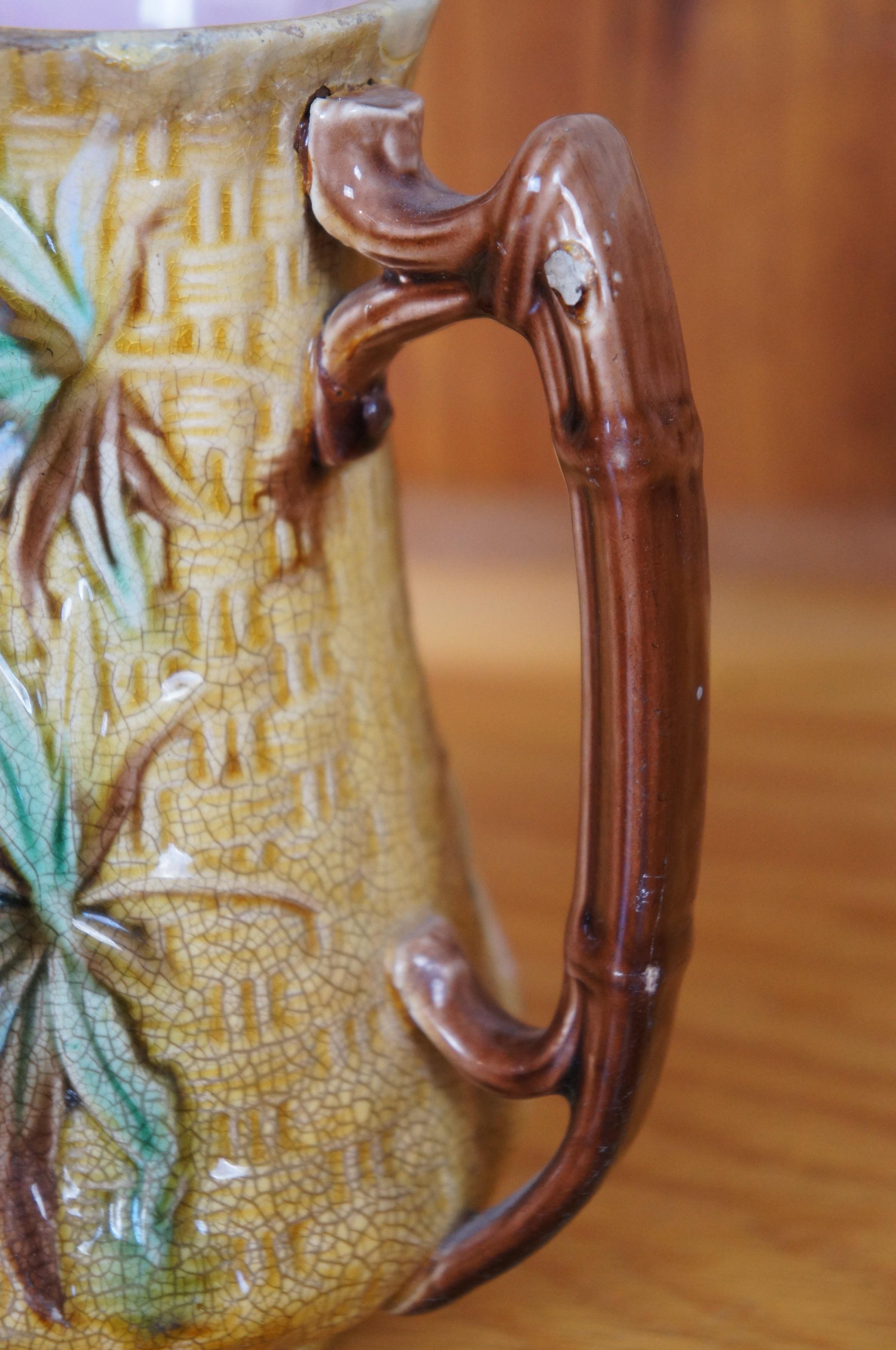 Antique Aesthetic Majolica Banks & Thorley Bamboo Basketweave Pitcher Jug 7
