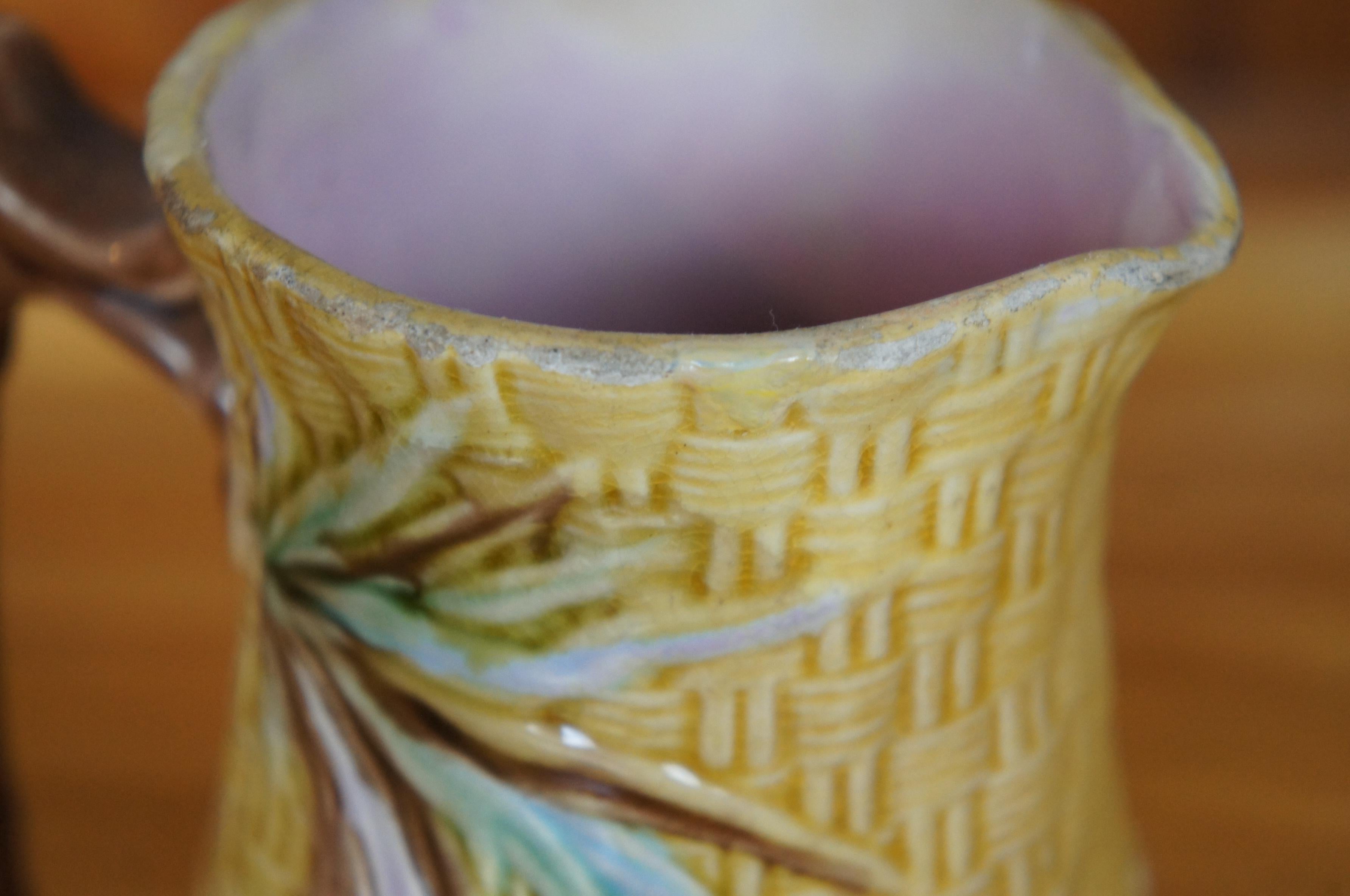 Antique Aesthetic Majolica Banks & Thorley Bamboo Basketweave Pitcher Jug 7
