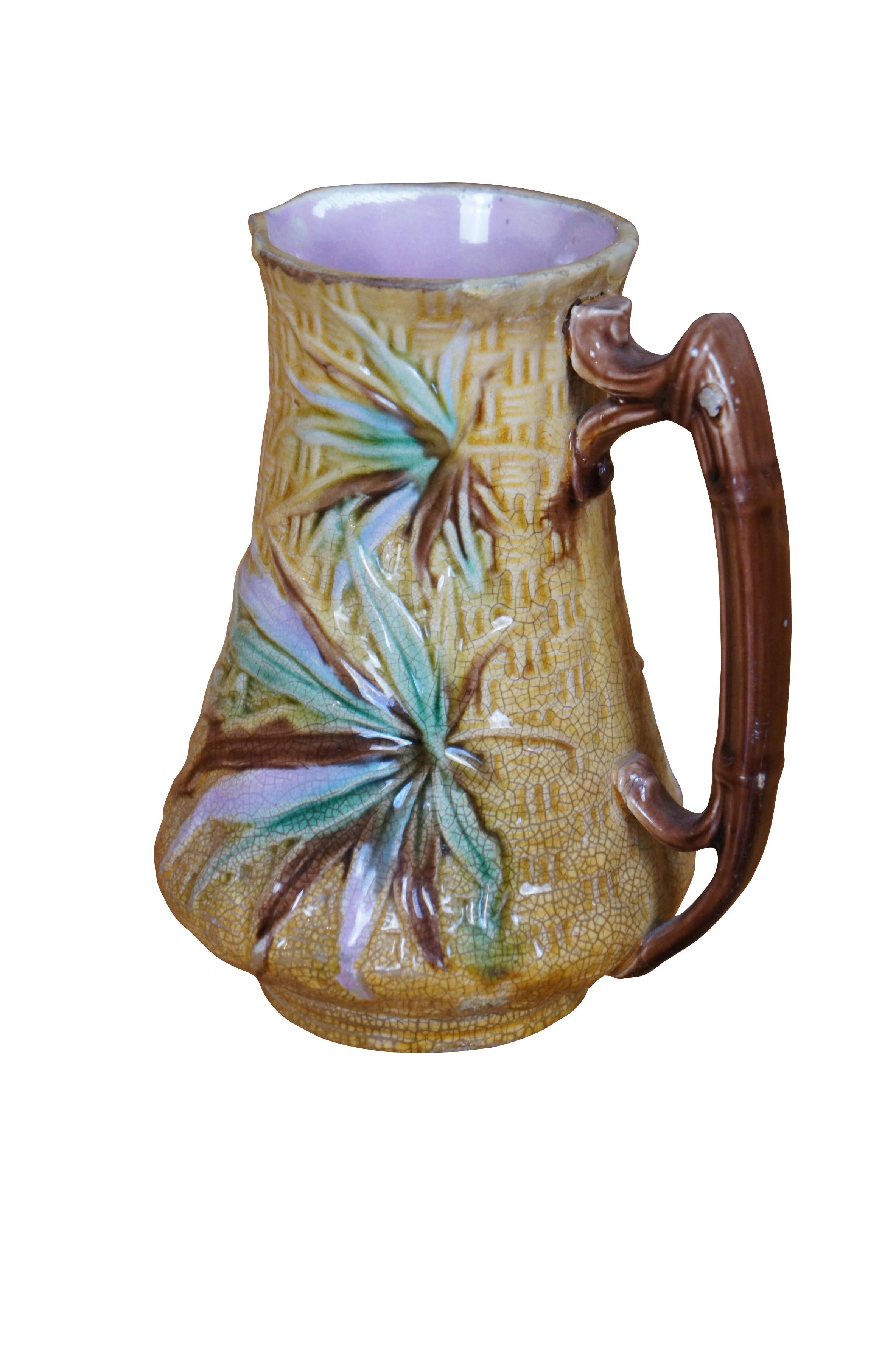 Victorian Antique Aesthetic Majolica Banks & Thorley Bamboo Basketweave Pitcher Jug 7