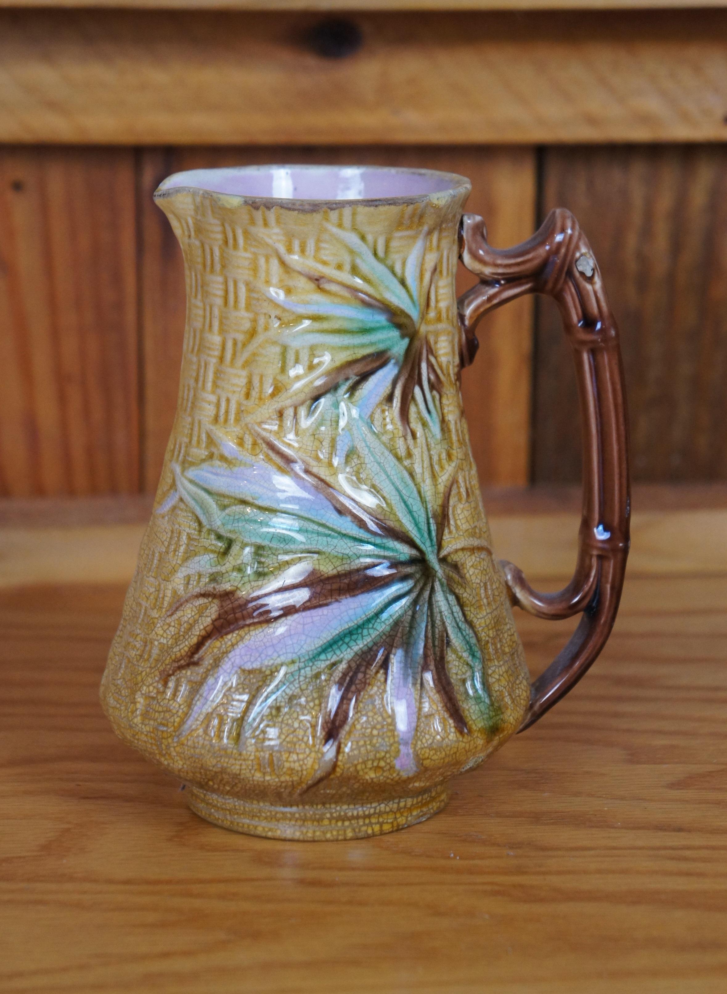 Antique Aesthetic Majolica Banks & Thorley Bamboo Basketweave Pitcher Jug 7