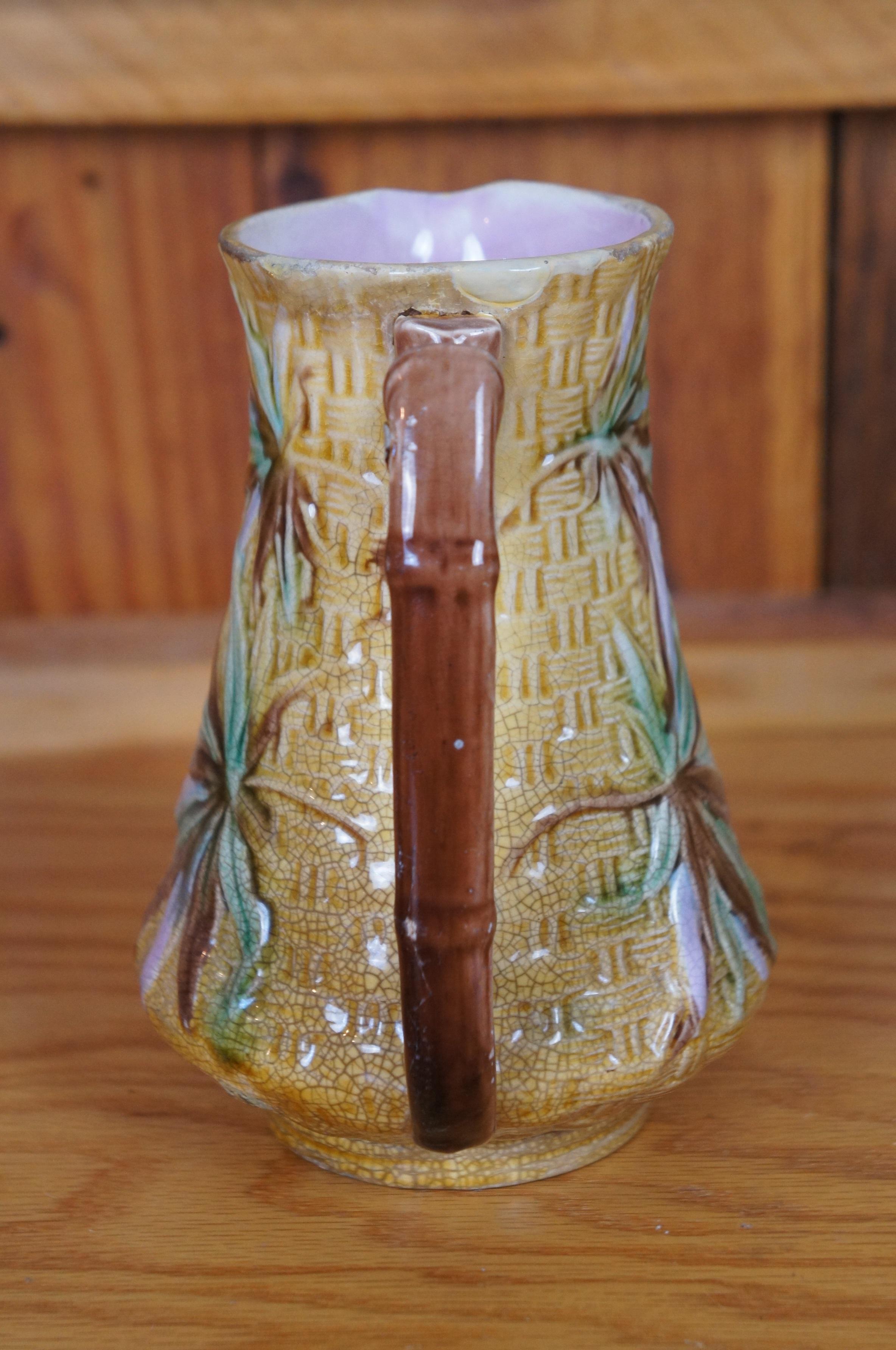 Late 19th Century Antique Aesthetic Majolica Banks & Thorley Bamboo Basketweave Pitcher Jug 7
