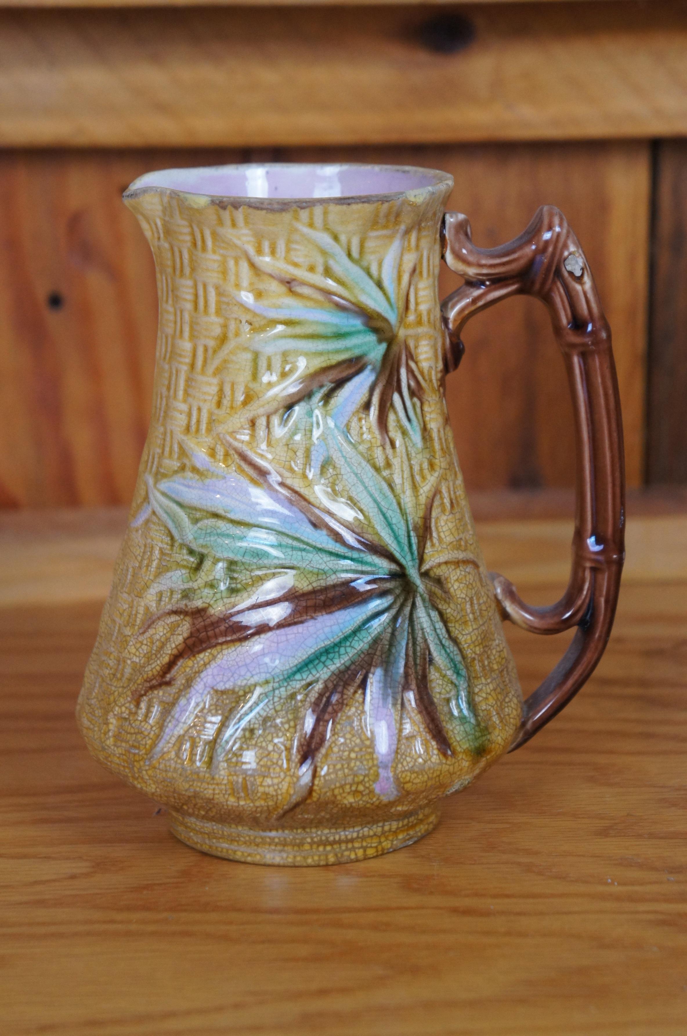 Antique Aesthetic Majolica Banks & Thorley Bamboo Basketweave Pitcher Jug 7