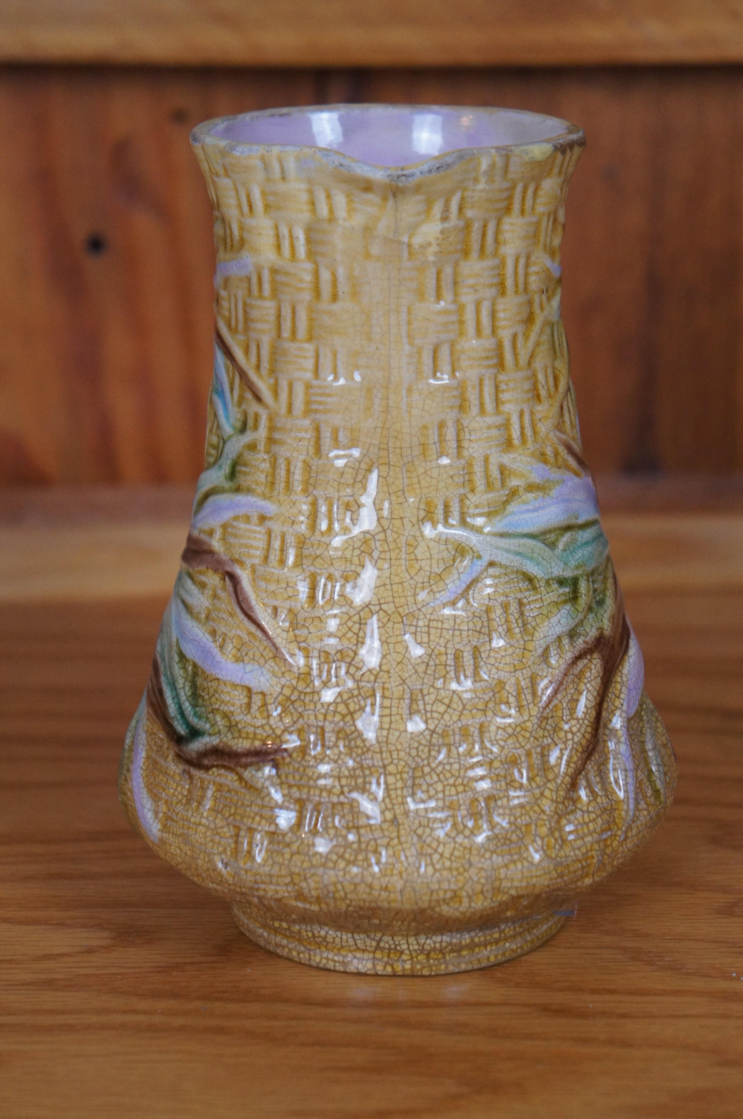 Antique Aesthetic Majolica Banks & Thorley Bamboo Basketweave Pitcher Jug 7