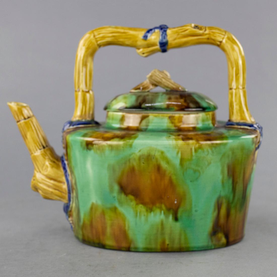 Fired Antique Aesthetic Majolica Pottery Bamboo Tea Pot, Circa 1910