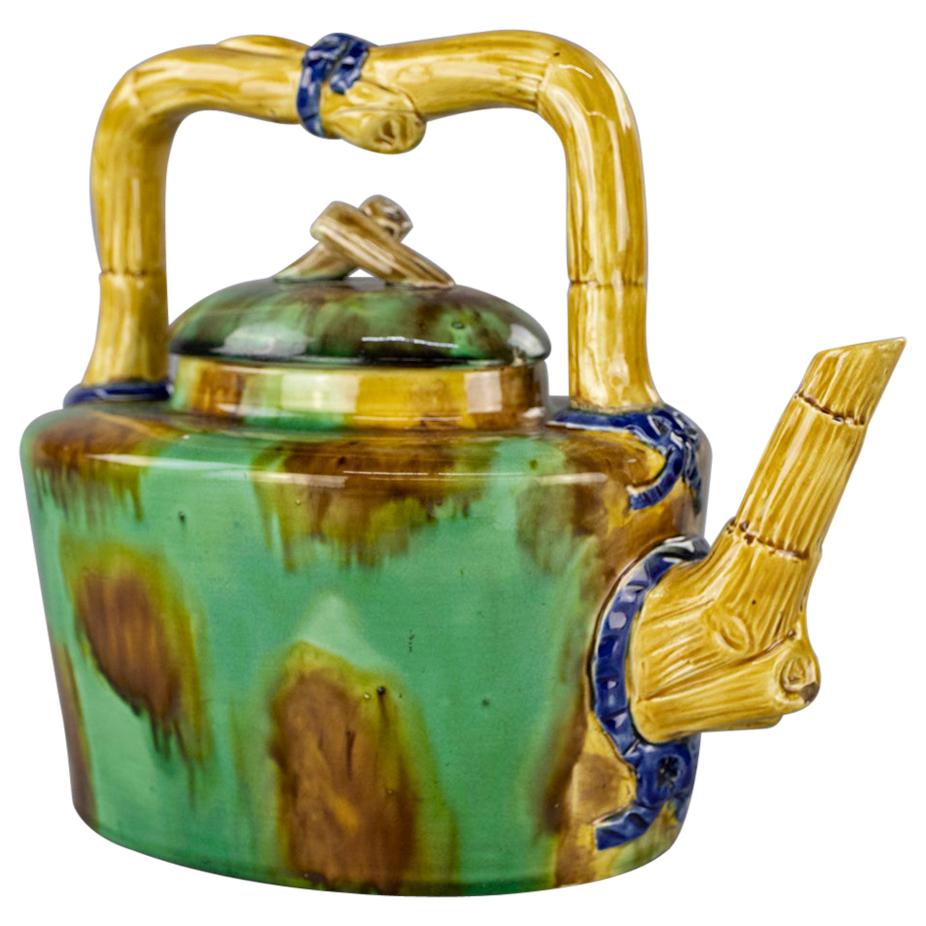 Antique Aesthetic Majolica Pottery Bamboo Tea Pot, Circa 1910