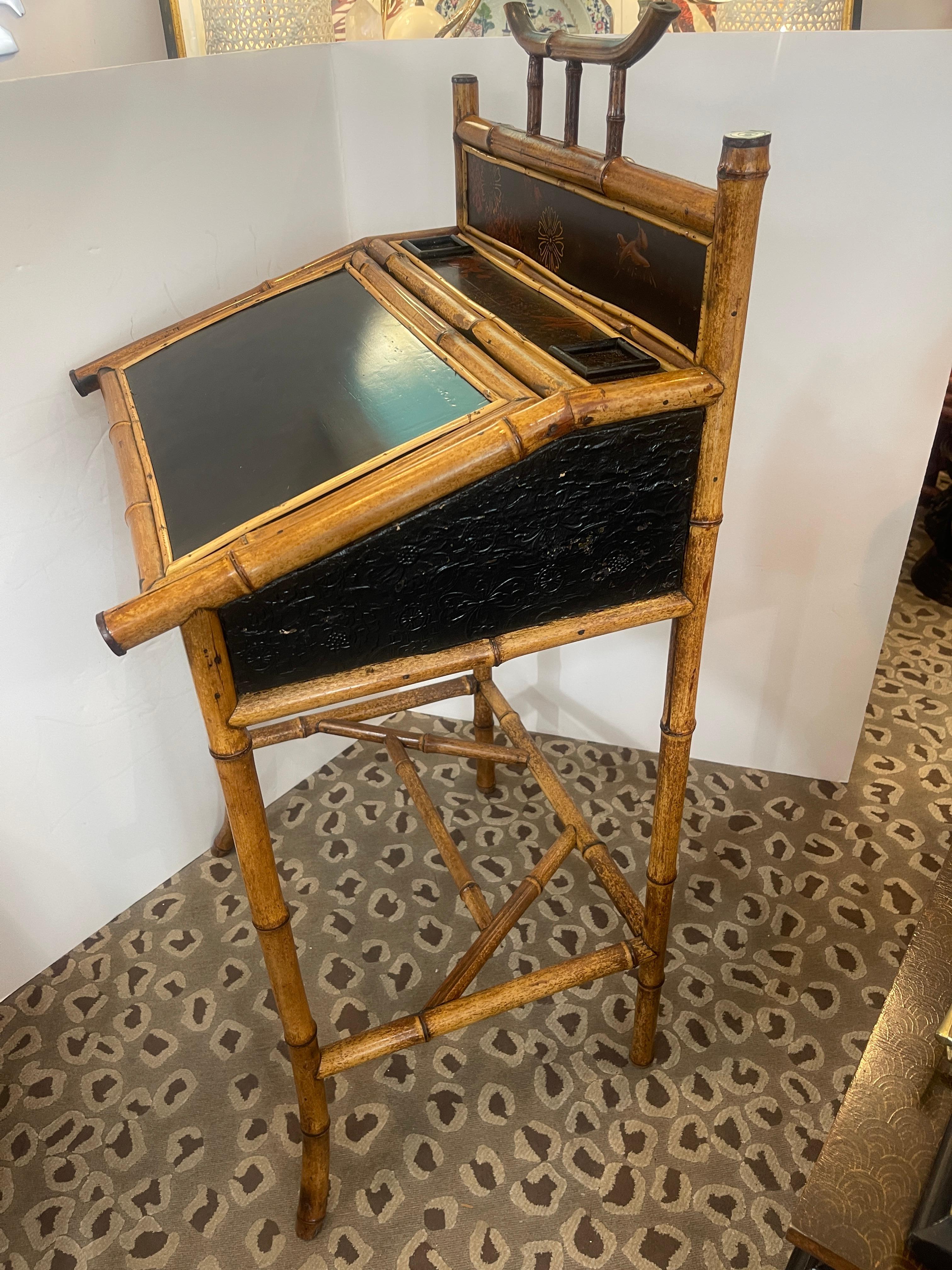This is a charming example of the Aesthetic Period in Colonial England at the end of the 19Th, century.
This Bamboo Slant Desk, is C.1880-1910,  is simple , sturdy and in very good condition, and actually very useful.
The overall antique condition
