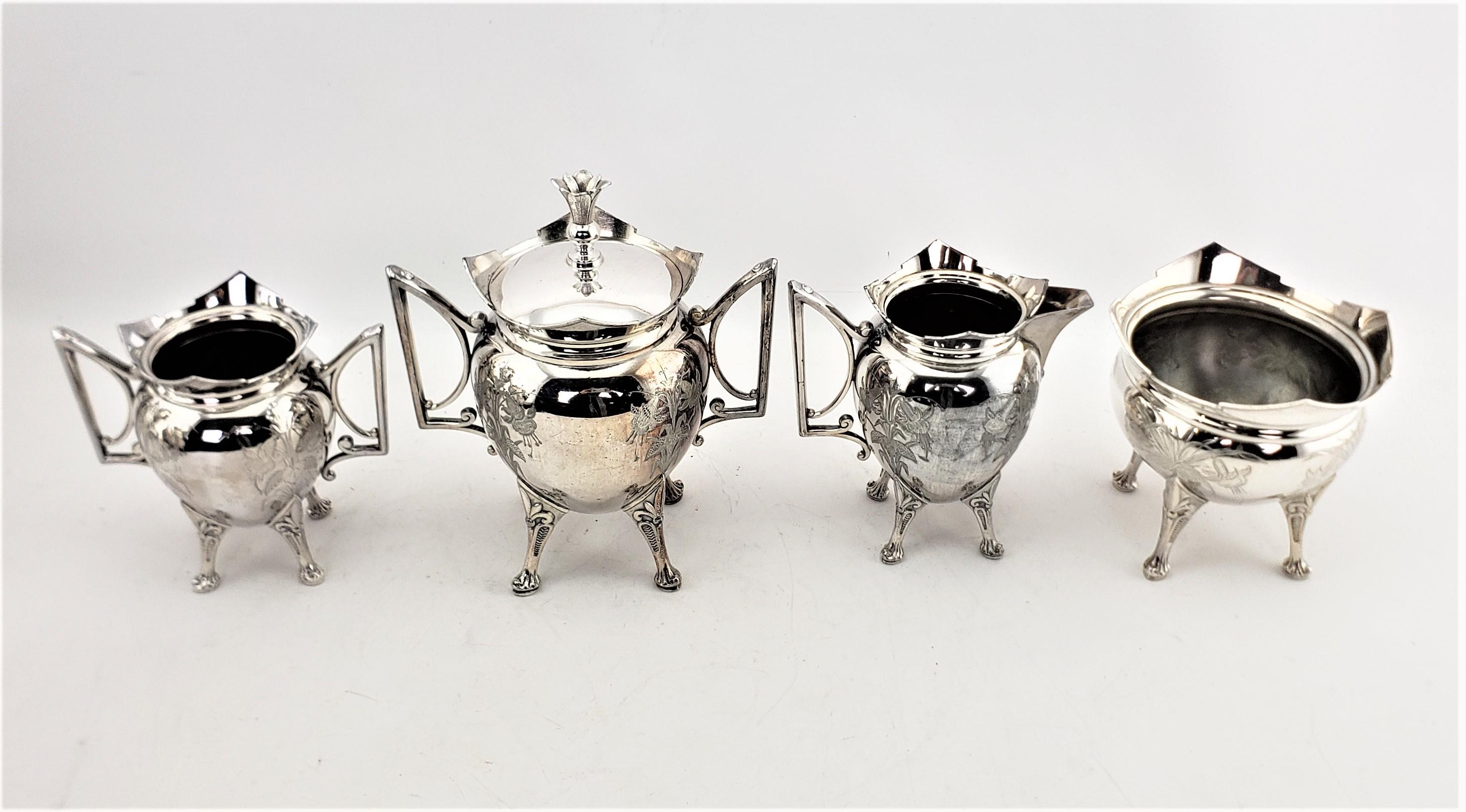 Antique Aesthetic Movement 7 Piece Silver Plated Tea Set with Floral Decoration For Sale 7