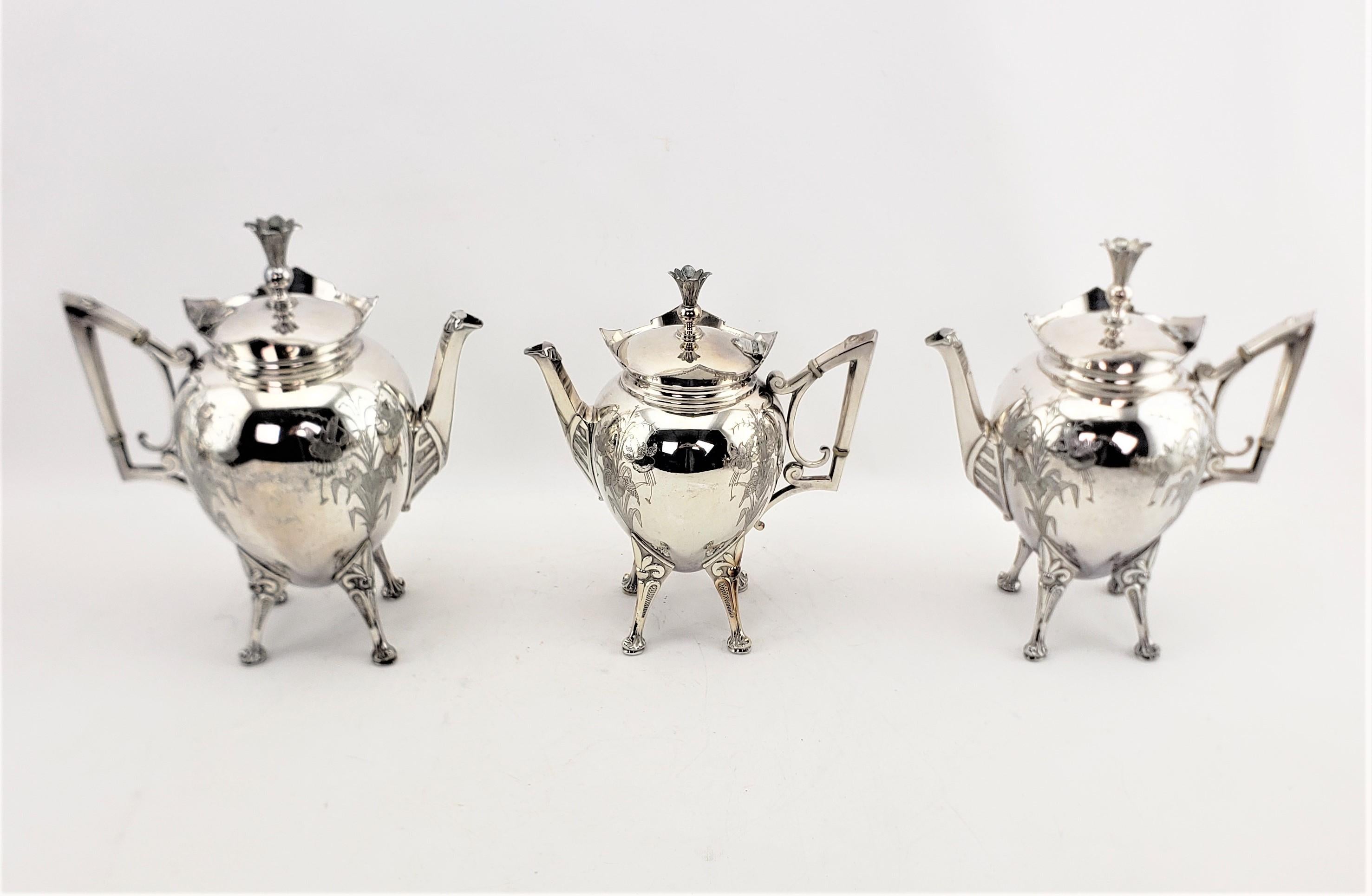 Machine-Made Antique Aesthetic Movement 7 Piece Silver Plated Tea Set with Floral Decoration For Sale