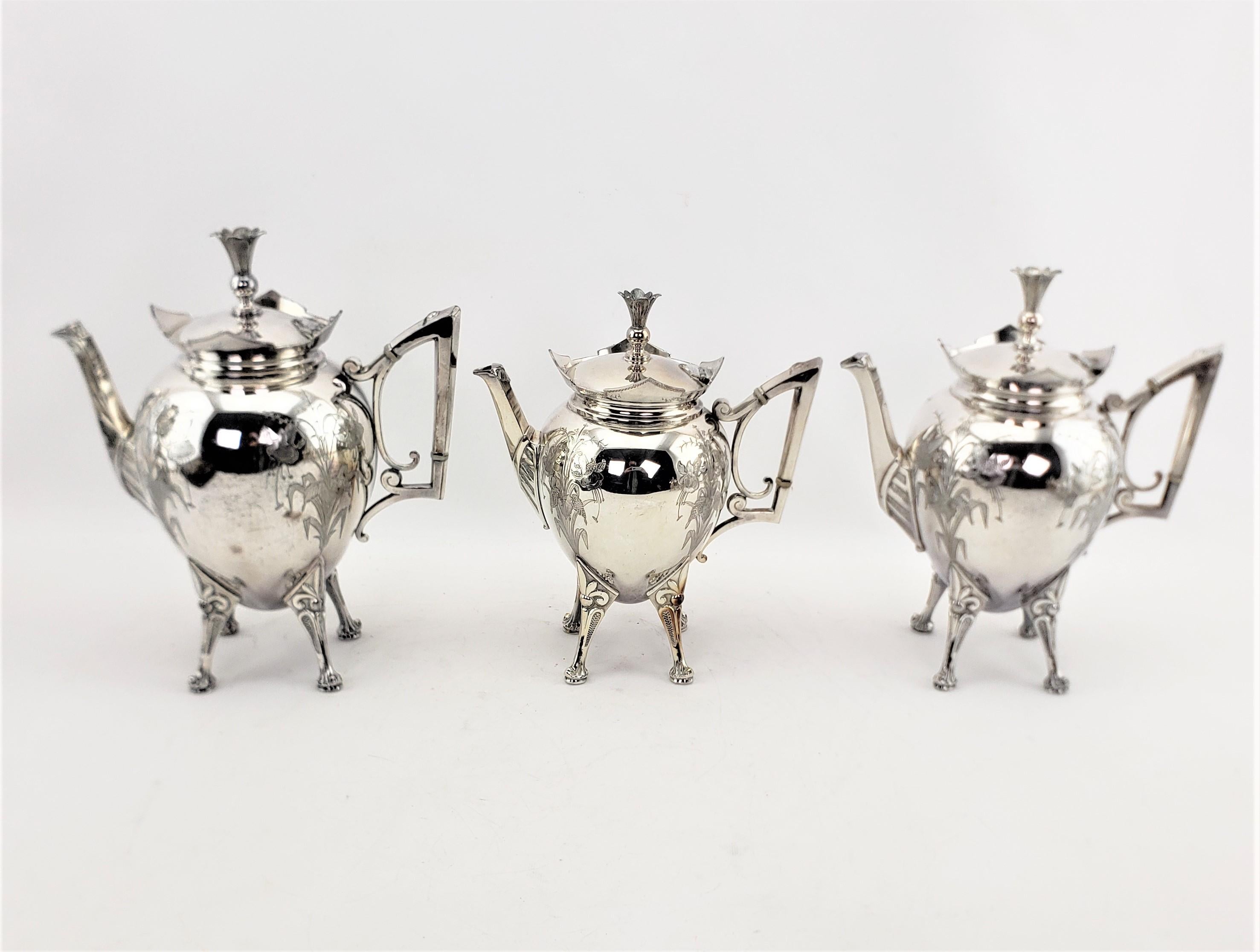 Antique Aesthetic Movement 7 Piece Silver Plated Tea Set with Floral Decoration For Sale 1
