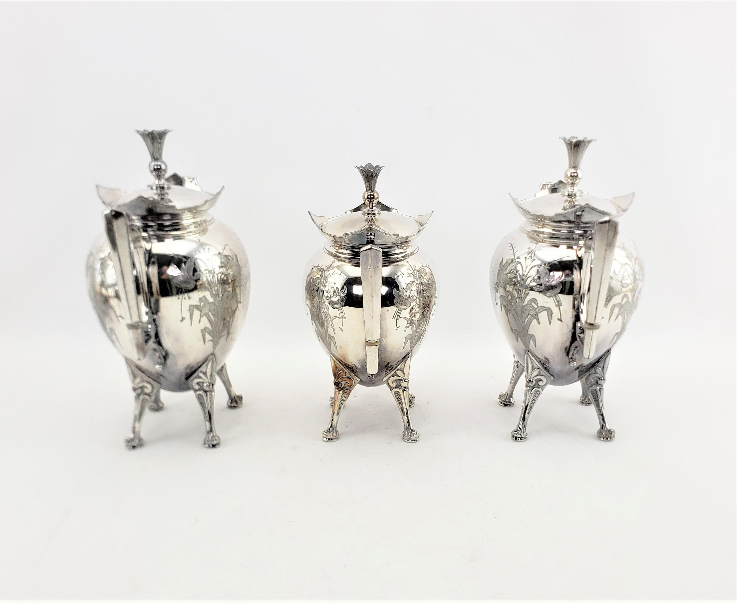 Antique Aesthetic Movement 7 Piece Silver Plated Tea Set with Floral Decoration For Sale 2