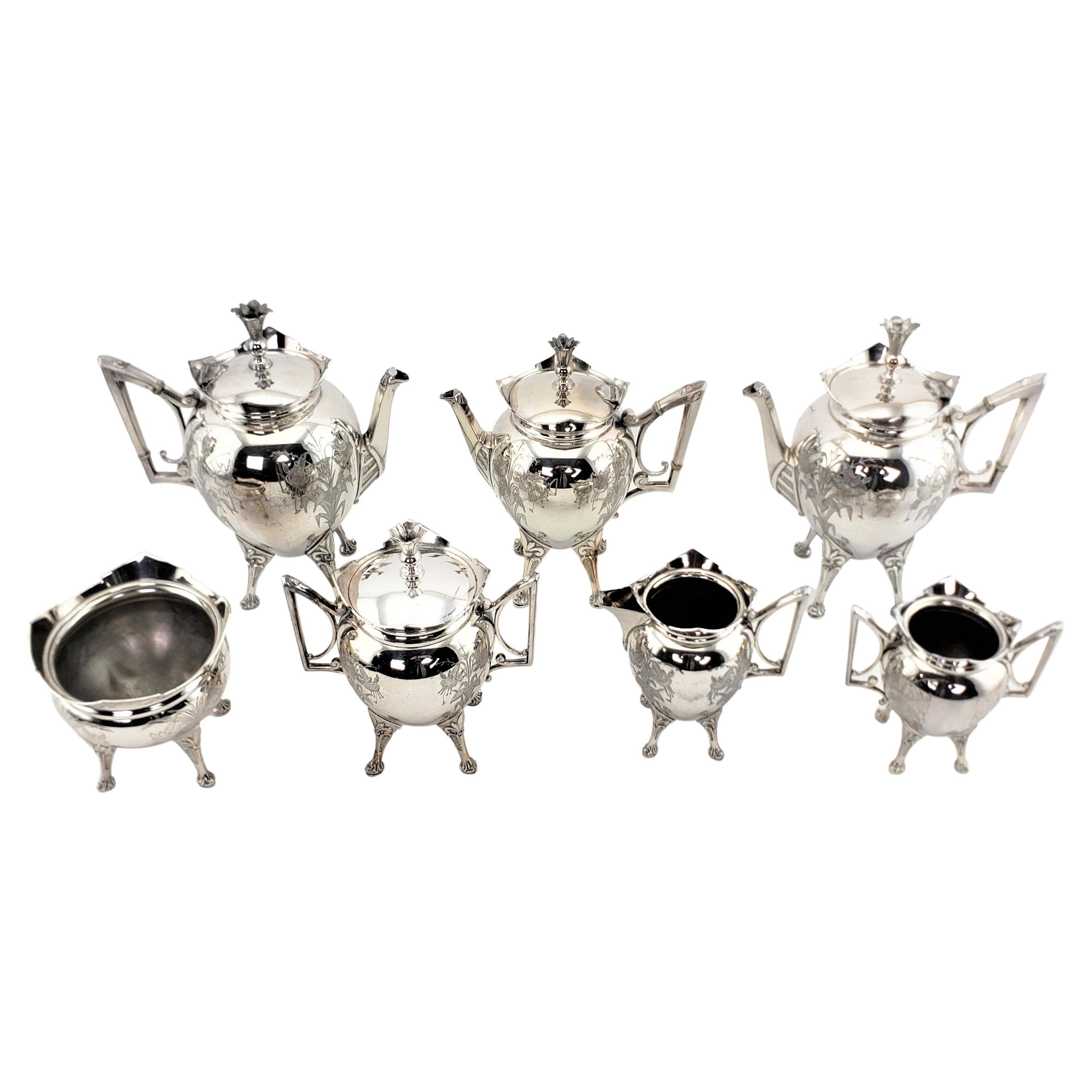 Antique Aesthetic Movement 7 Piece Silver Plated Tea Set with Floral Decoration