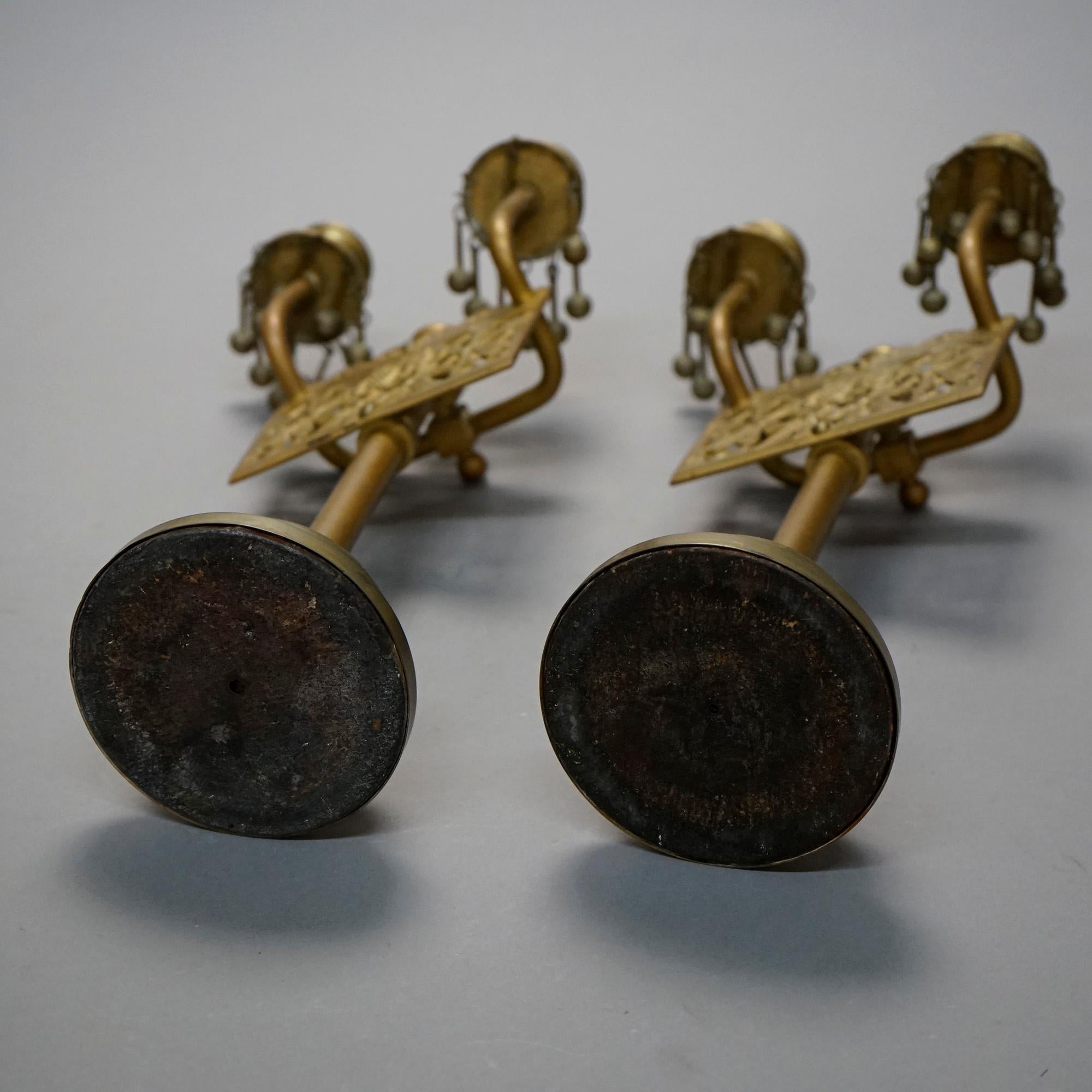 Antique Aesthetic Movement Brass Candelabra with Stylized Flowers Circa 1880 6