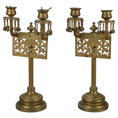 Antique Aesthetic Movement Brass Candelabra with Stylized Flowers Circa 1880