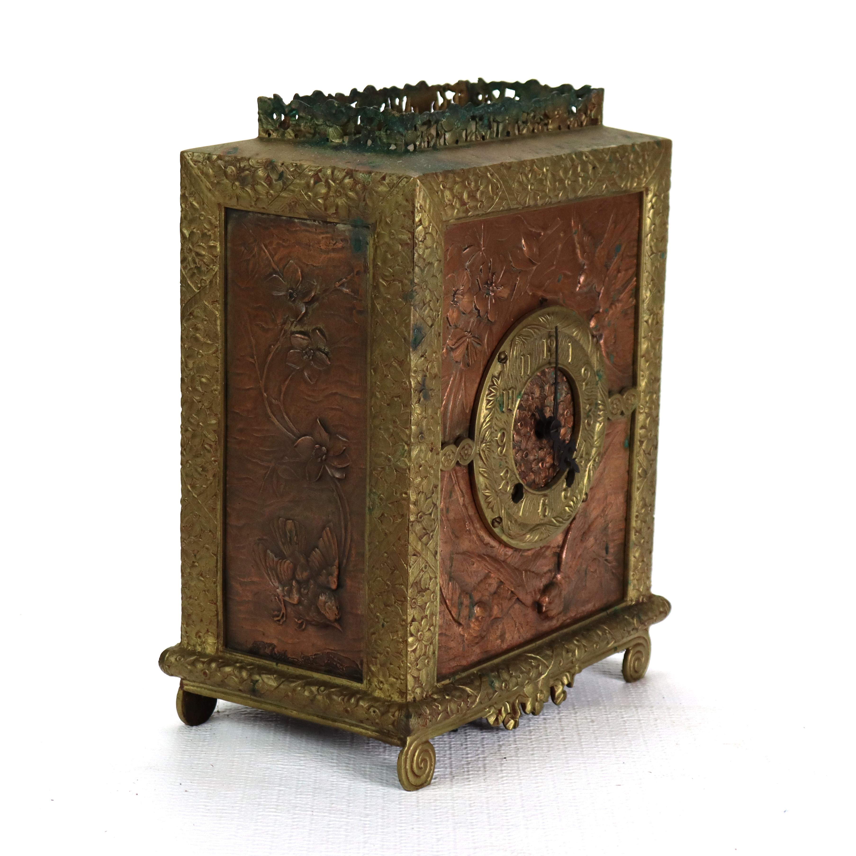 Antique Aesthetic Movement Bronze & Copper Figural & Floral Mantle Clock c1880 For Sale 8