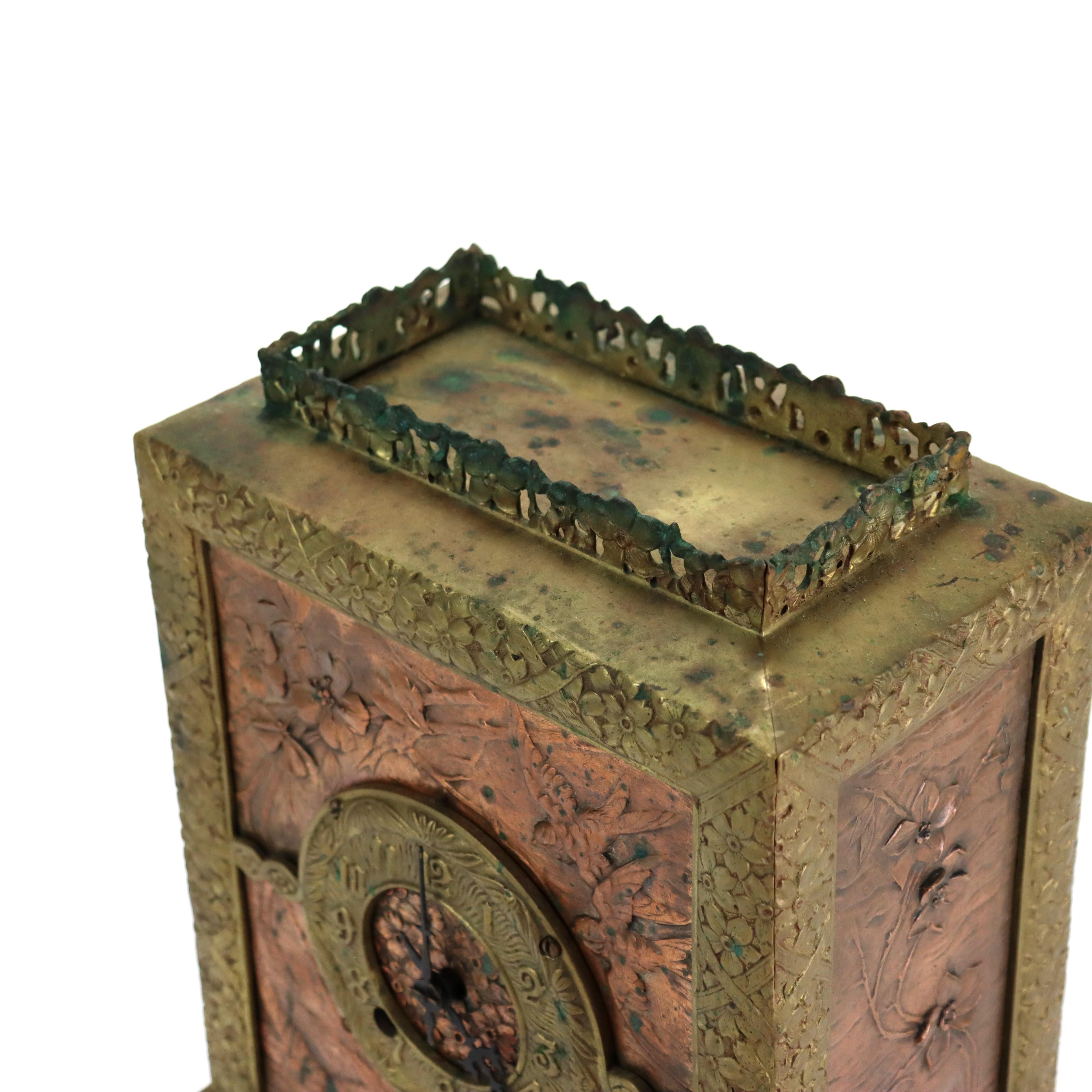 Antique Aesthetic Movement Bronze & Copper Figural & Floral Mantle Clock c1880 For Sale 10