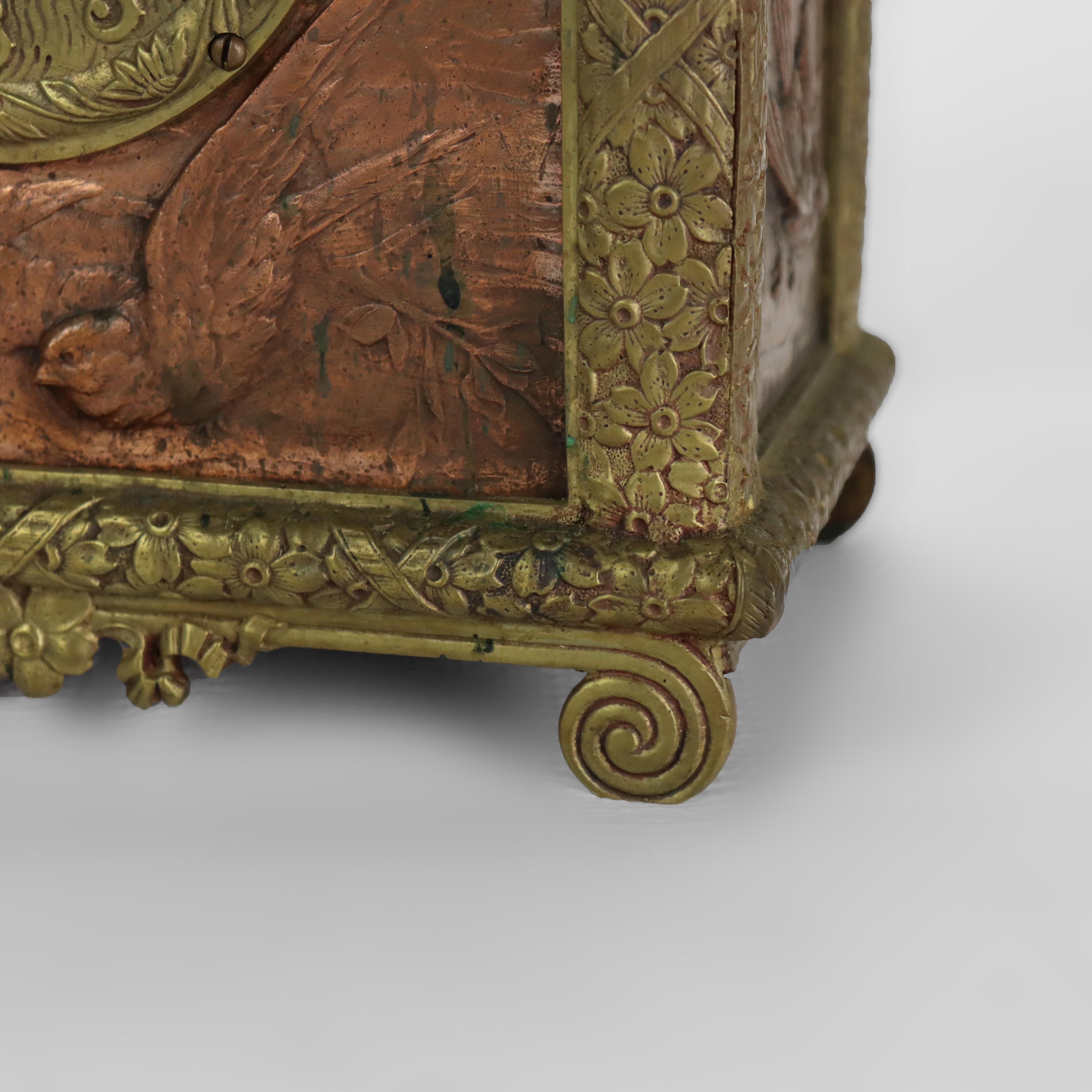 Antique Aesthetic Movement Bronze & Copper Figural & Floral Mantle Clock c1880 In Good Condition For Sale In Big Flats, NY