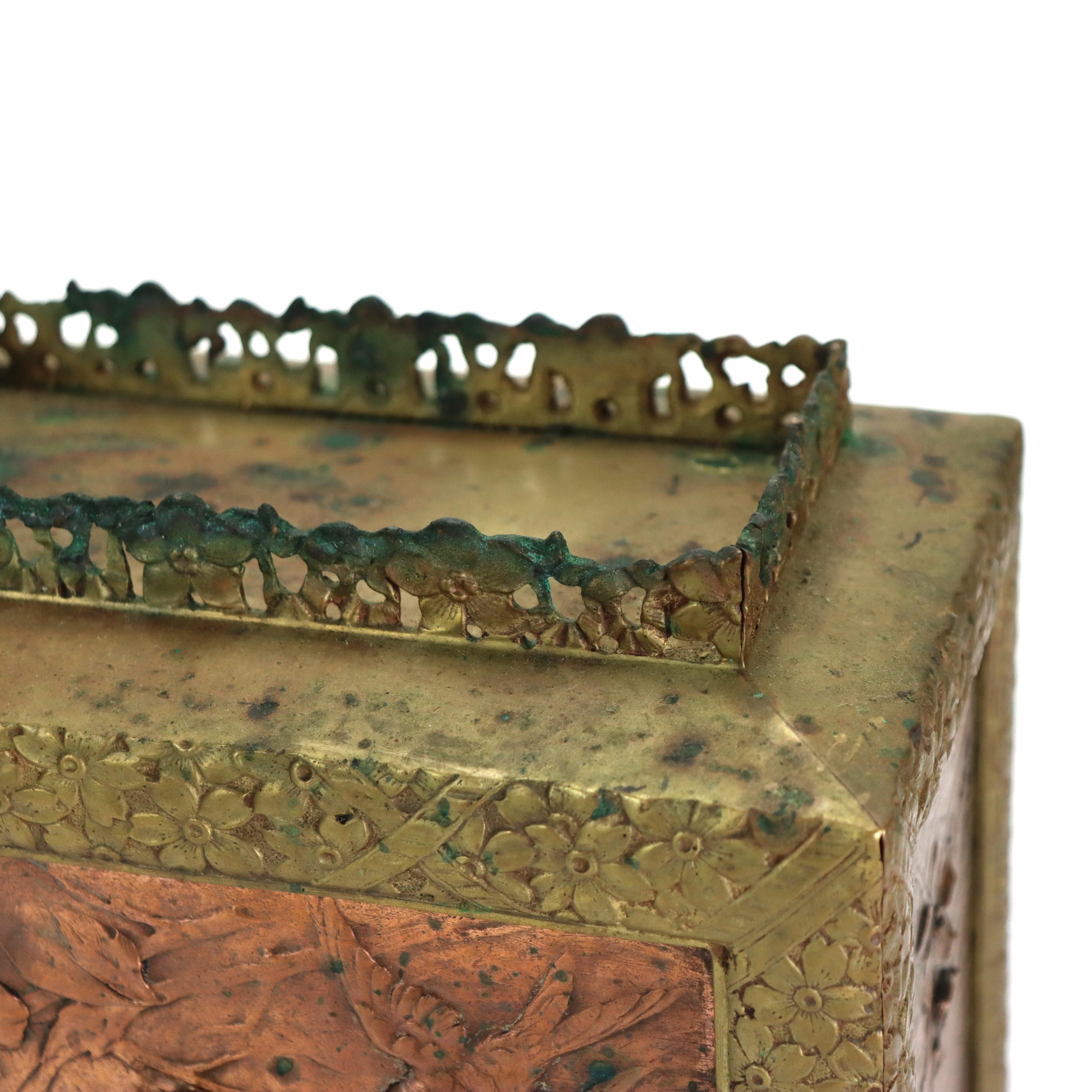 Antique Aesthetic Movement Bronze & Copper Figural & Floral Mantle Clock c1880 For Sale 1