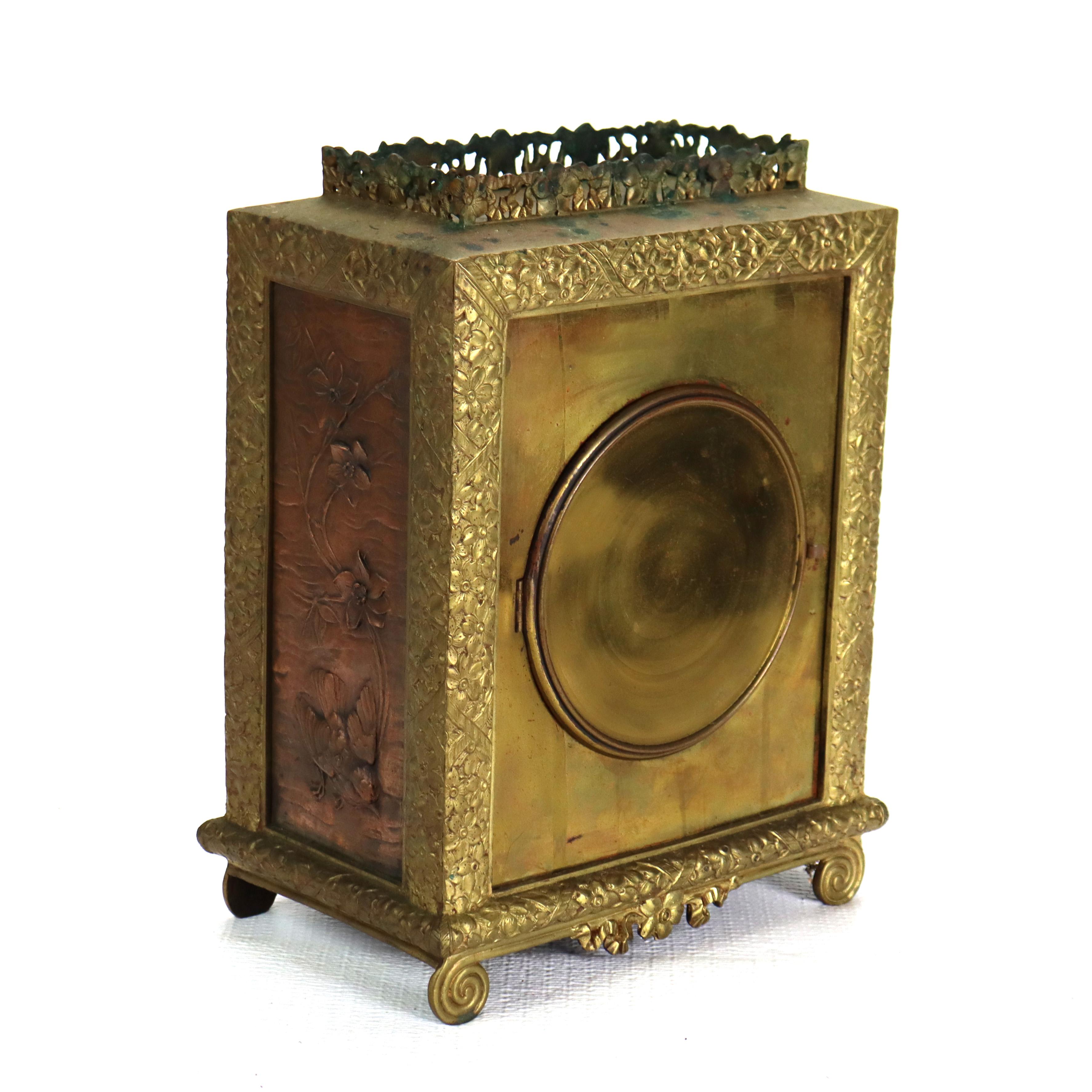 Antique Aesthetic Movement Bronze & Copper Figural & Floral Mantle Clock c1880 For Sale 2