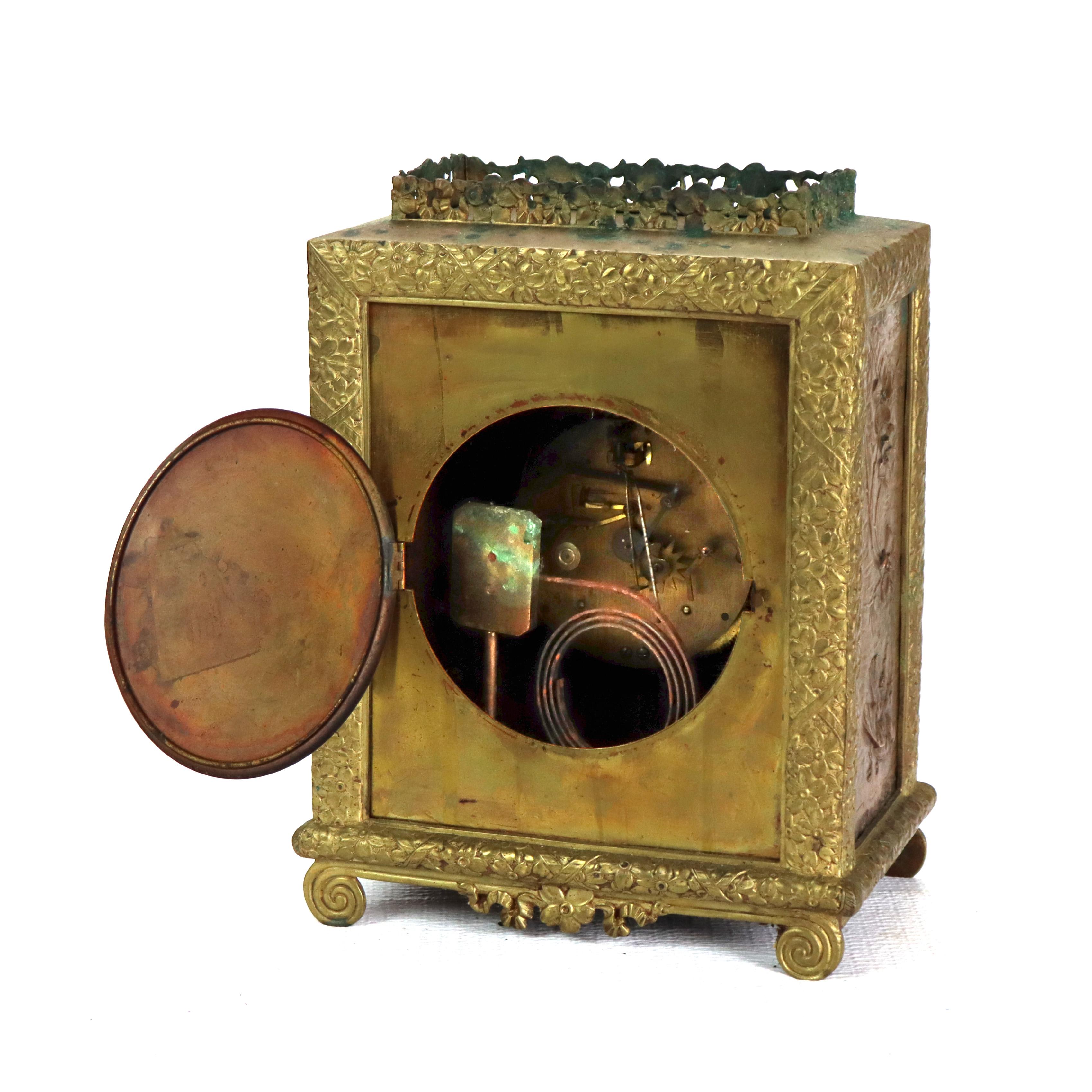 Antique Aesthetic Movement Bronze & Copper Figural & Floral Mantle Clock c1880 For Sale 4