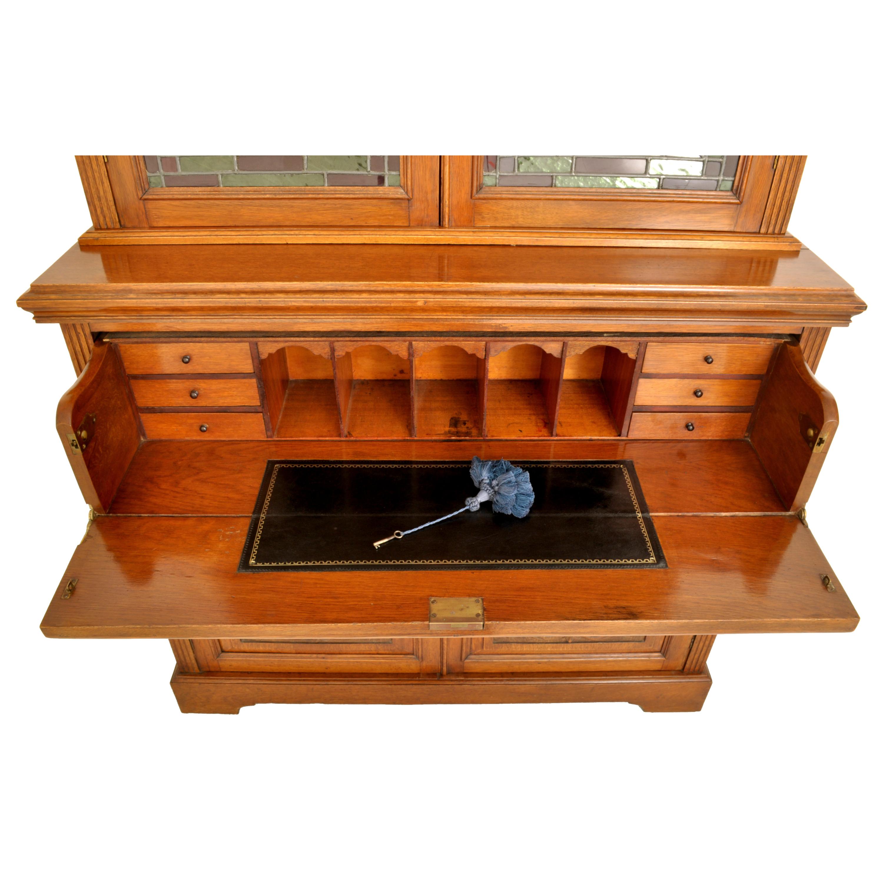 Antique Aesthetic Movement Carved Ash Leaded Glass Secretary Desk Bookcase, 1890 5