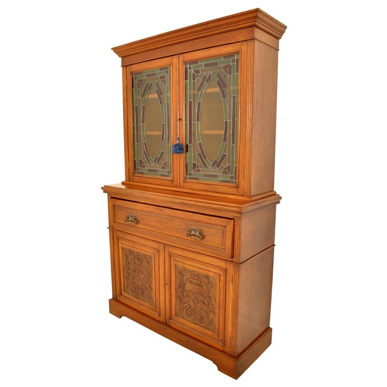 Antique Aesthetic Movement Carved Ash Leaded Glass Secretary Desk Bookcase, 1890 In Good Condition In Portland, OR