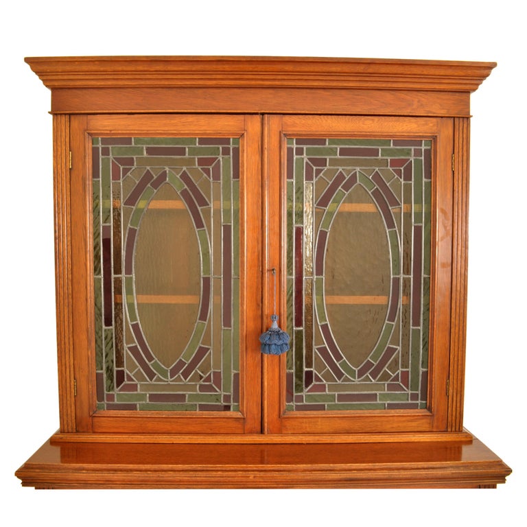 Late 19th Century Antique Aesthetic Movement Carved Ash Leaded Glass Secretary Desk Bookcase, 1890