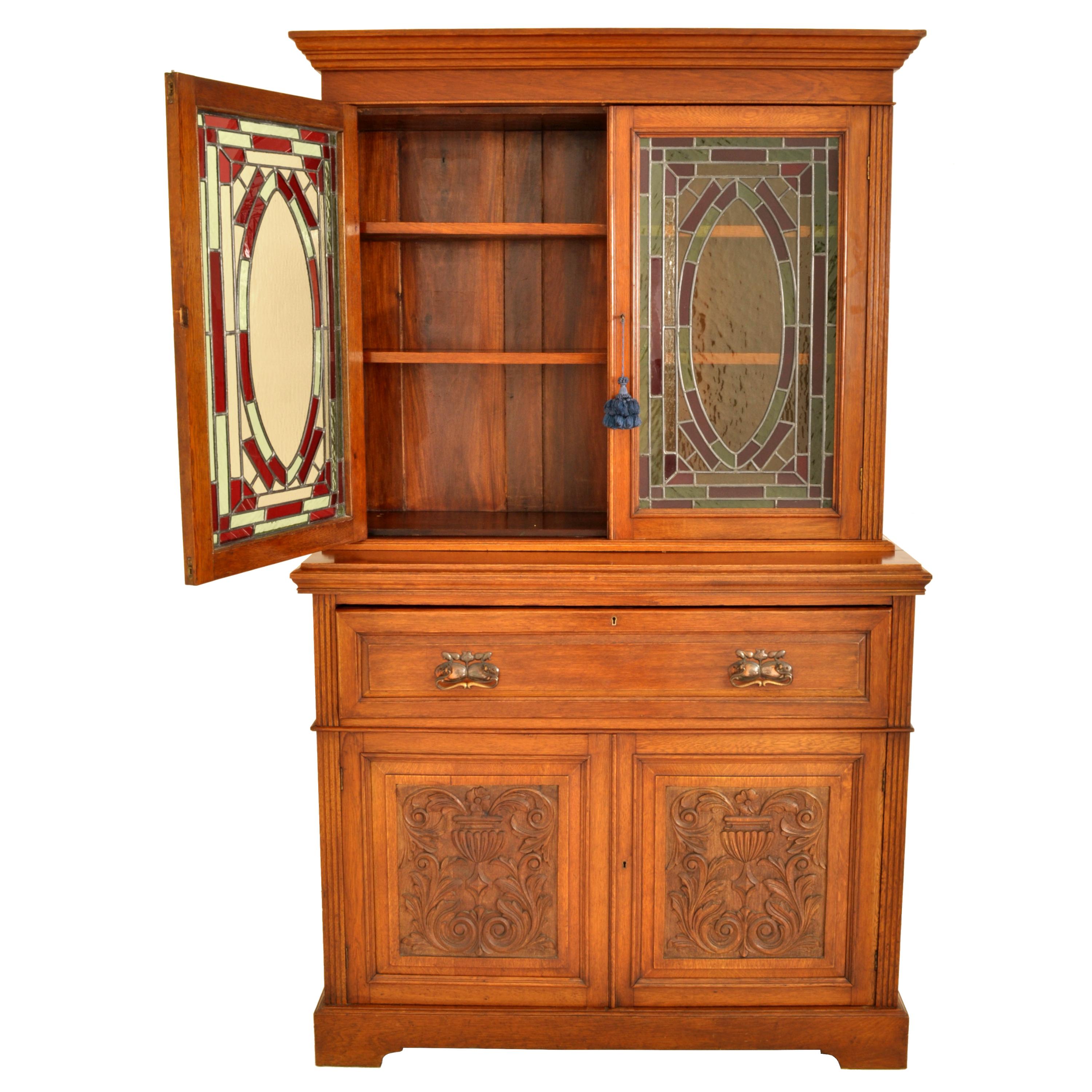 Stained Glass Antique Aesthetic Movement Carved Ash Leaded Glass Secretary Desk Bookcase, 1890
