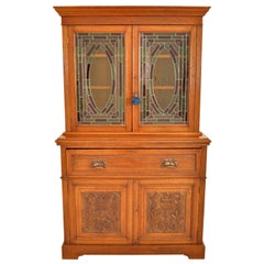 Antique Aesthetic Movement Carved Ash Leaded Glass Secretary Desk Bookcase, 1890