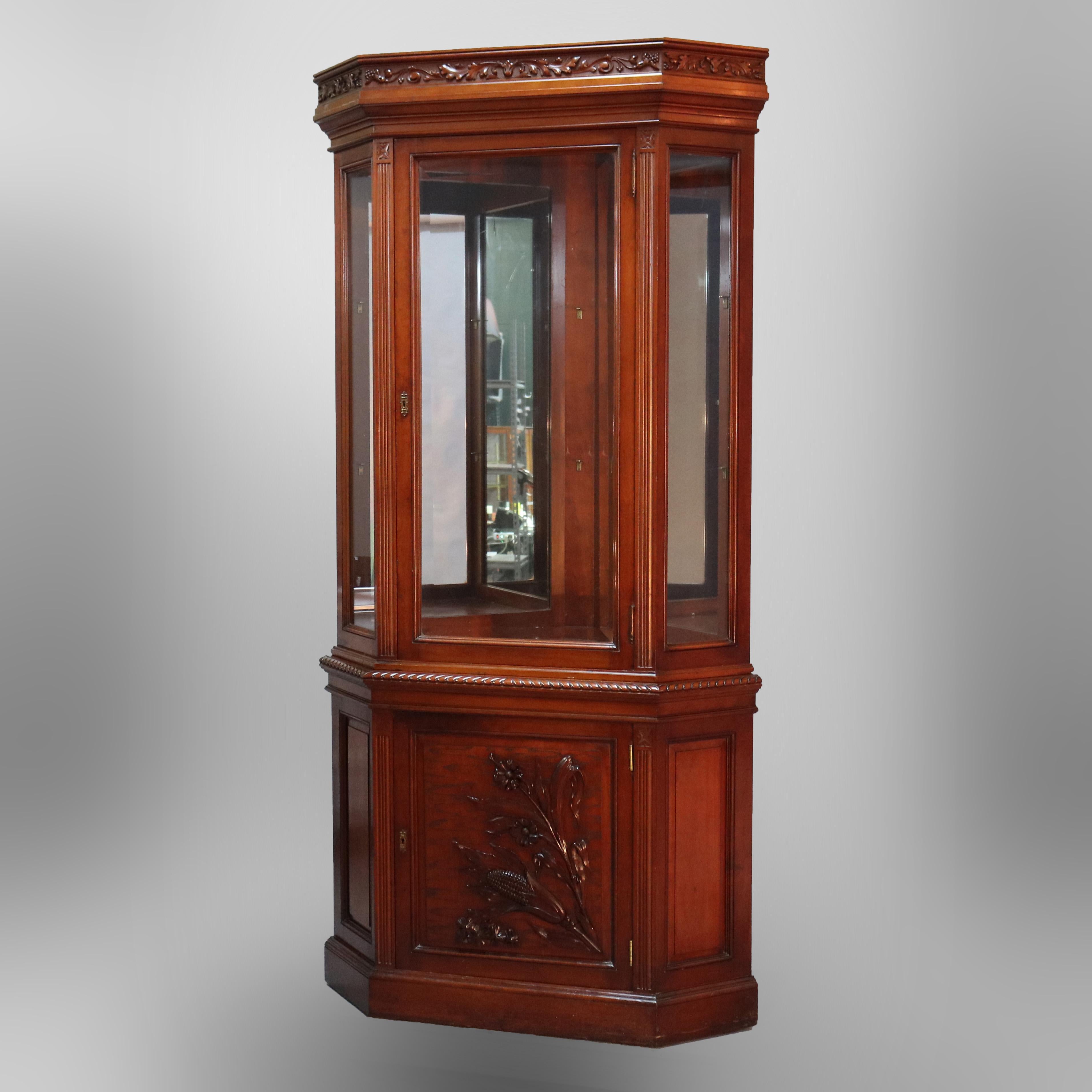 Antique Aesthetic Movement Carved Cherry Faceted & Mirrored Corner Cabinet c1890 For Sale 10