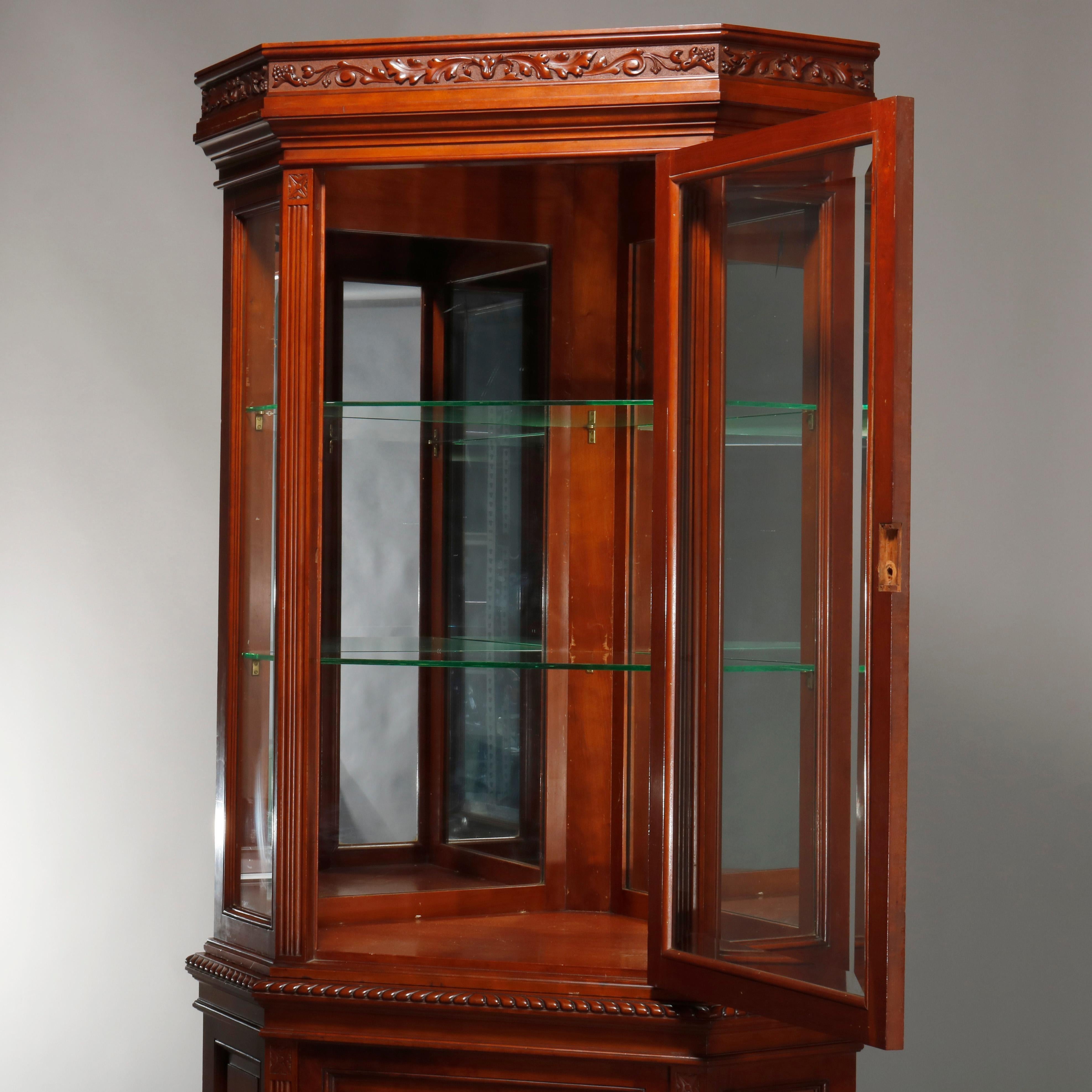 Antique Aesthetic Movement Carved Cherry Faceted & Mirrored Corner Cabinet c1890 In Good Condition For Sale In Big Flats, NY