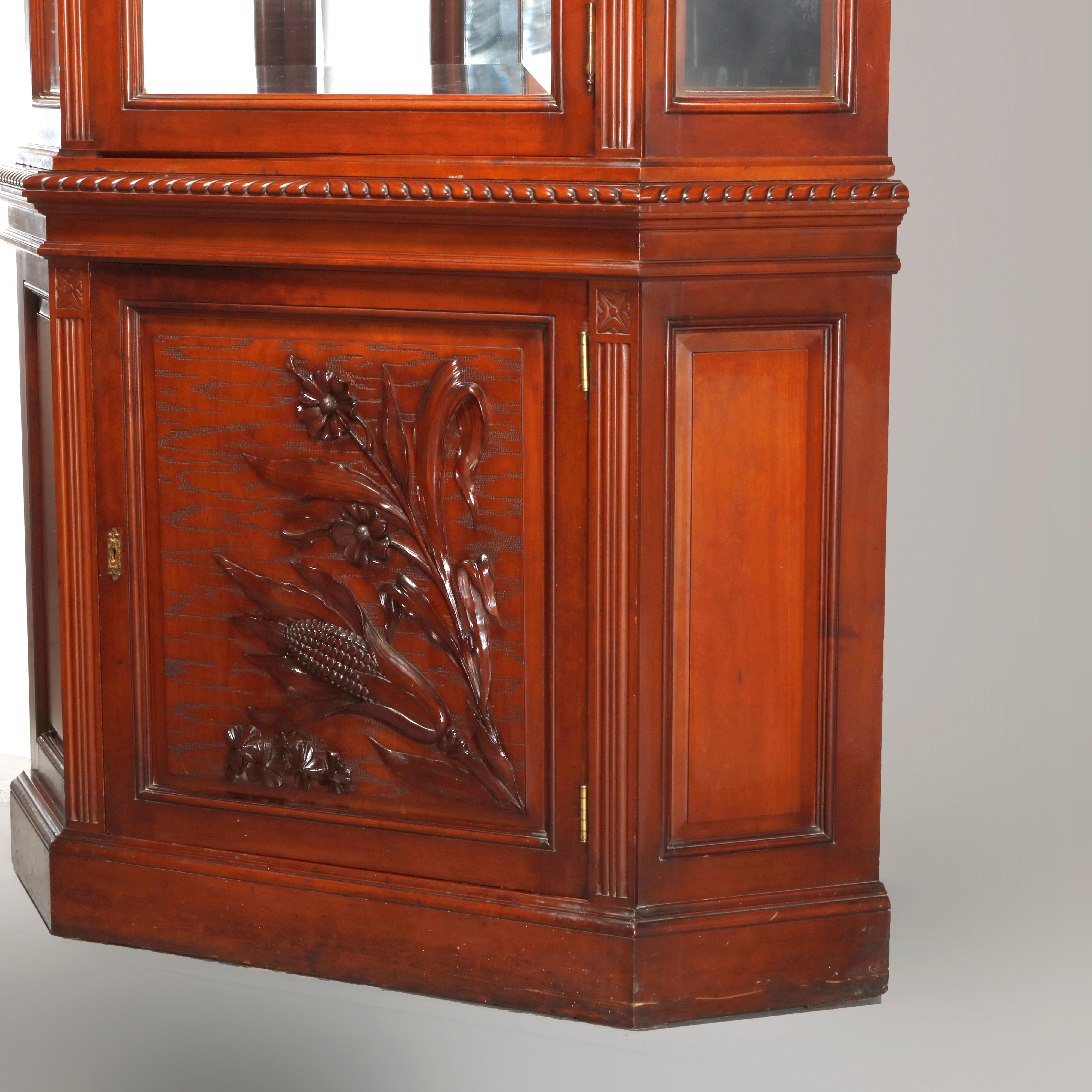 19th Century Antique Aesthetic Movement Carved Cherry Faceted & Mirrored Corner Cabinet c1890 For Sale