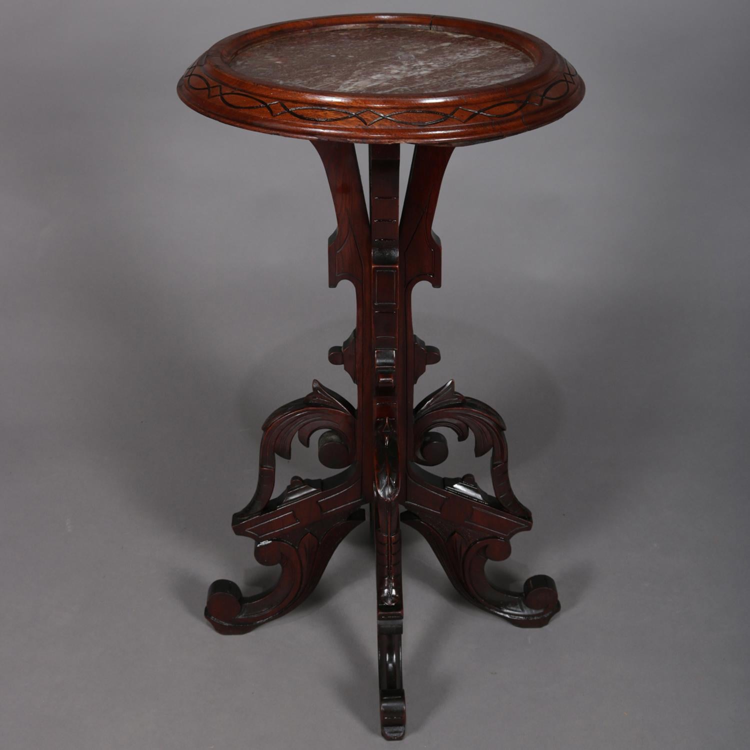 American Antique Aesthetic Movement Carved Walnut Marble-Top Plant Stand, circa 1880