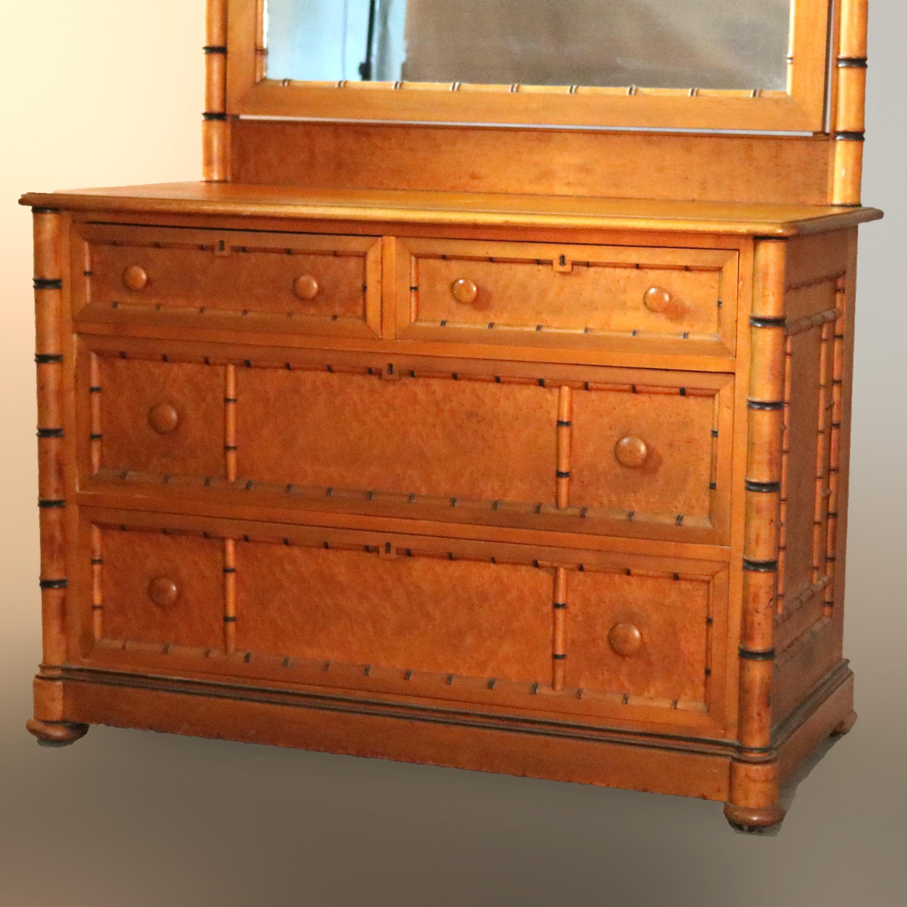 An antique Aesthetic Movement dresser in the manner of R.J. Horner offers cherry and bird’s-eye maple construction with mirror having carved faux bamboo supports surmounting chest of drawers having two small drawers over two long drawers, carved