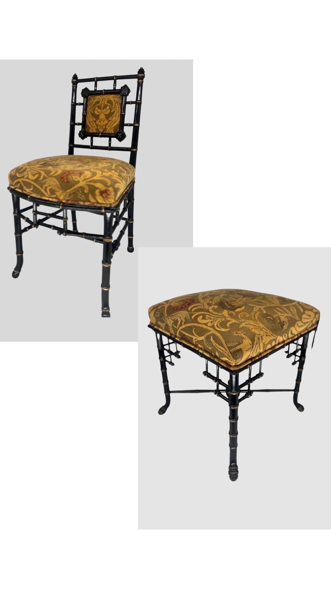Exquisite Antique Aesthetic Movement Faux Bamboo Side Chair and Ottoman, ATTR: Herter Brothers

This listing is for the TWO PIECES. 

*Please View Other Listings - Matching Piano Stool* - Or sold individually. 

Presenting an exceptional piece of