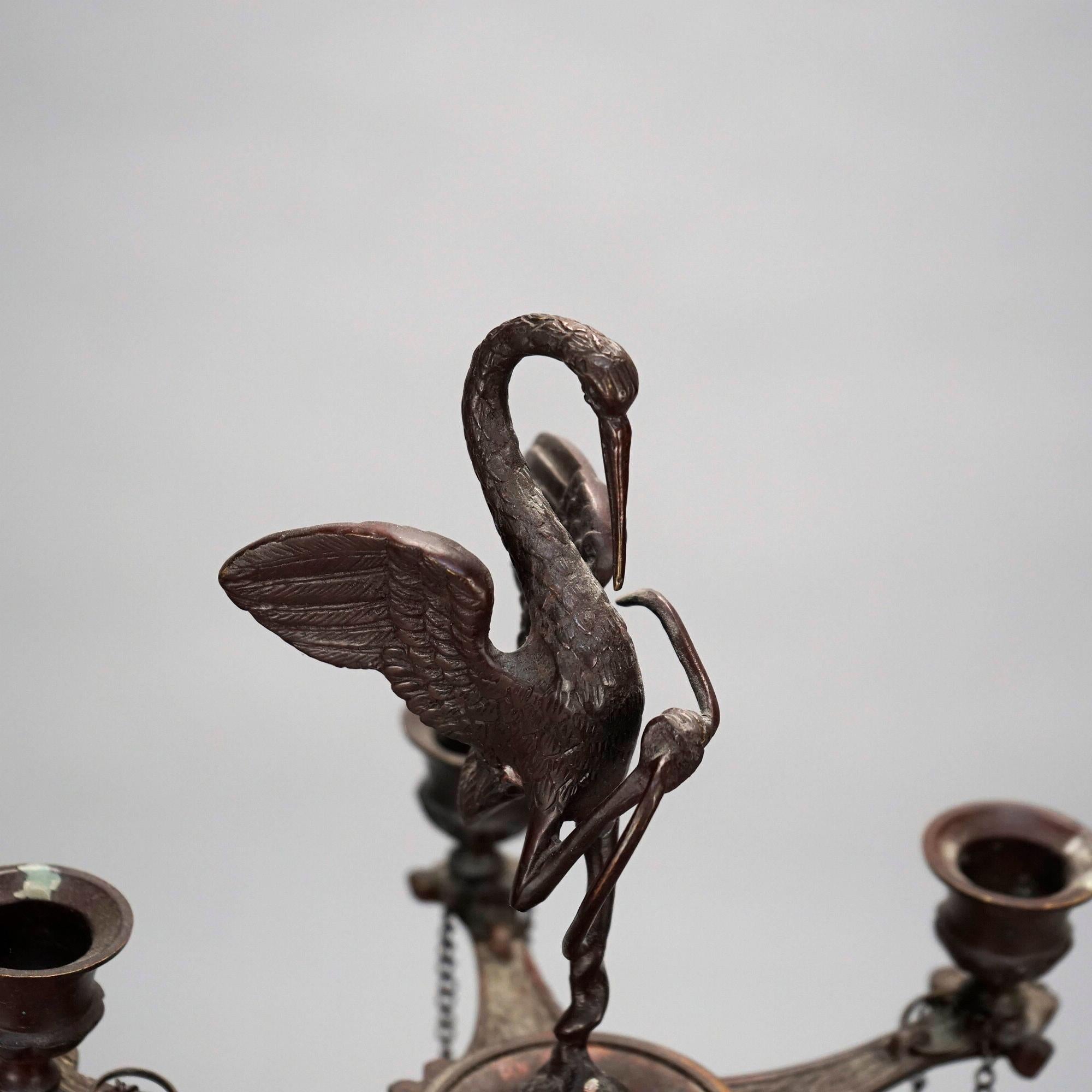 Antique Aesthetic Movement Figural Bronze Heron & Lion Mask Candelabra 19th C In Good Condition For Sale In Big Flats, NY