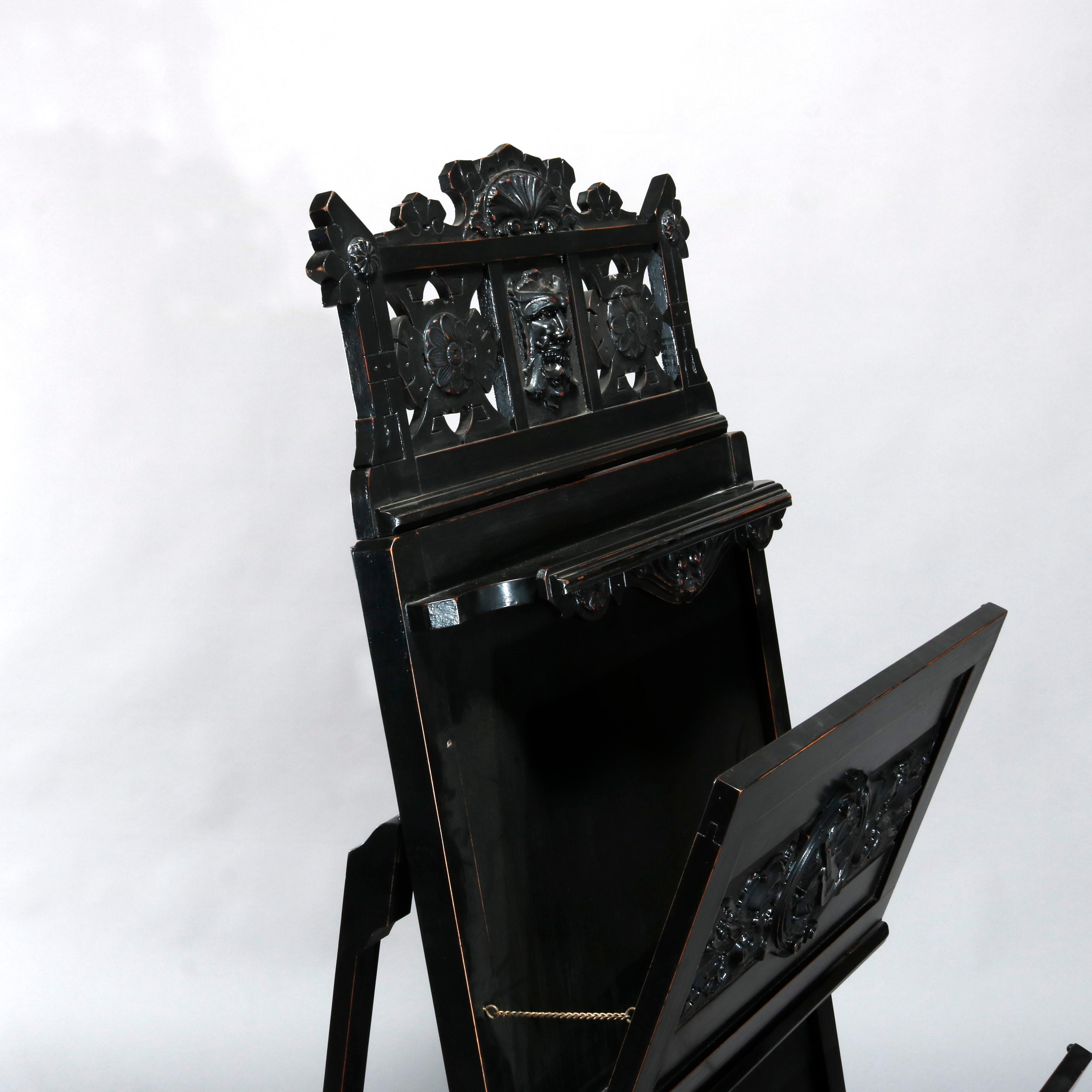 19th Century Antique Aesthetic Movement Figural Ebonized Carved Easel Portfolio Stand, c1870