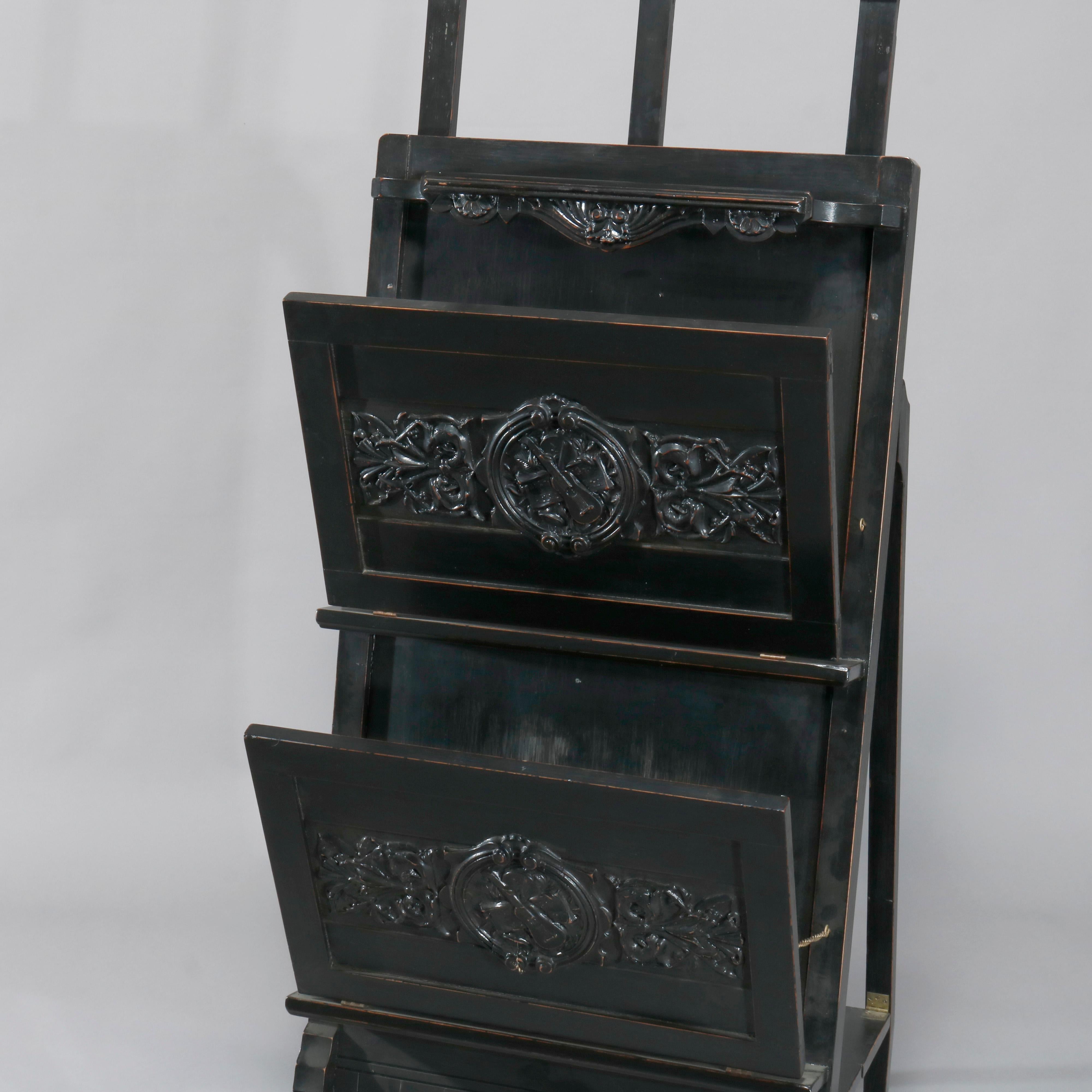 Wood Antique Aesthetic Movement Figural Ebonized Carved Easel Portfolio Stand, c1870