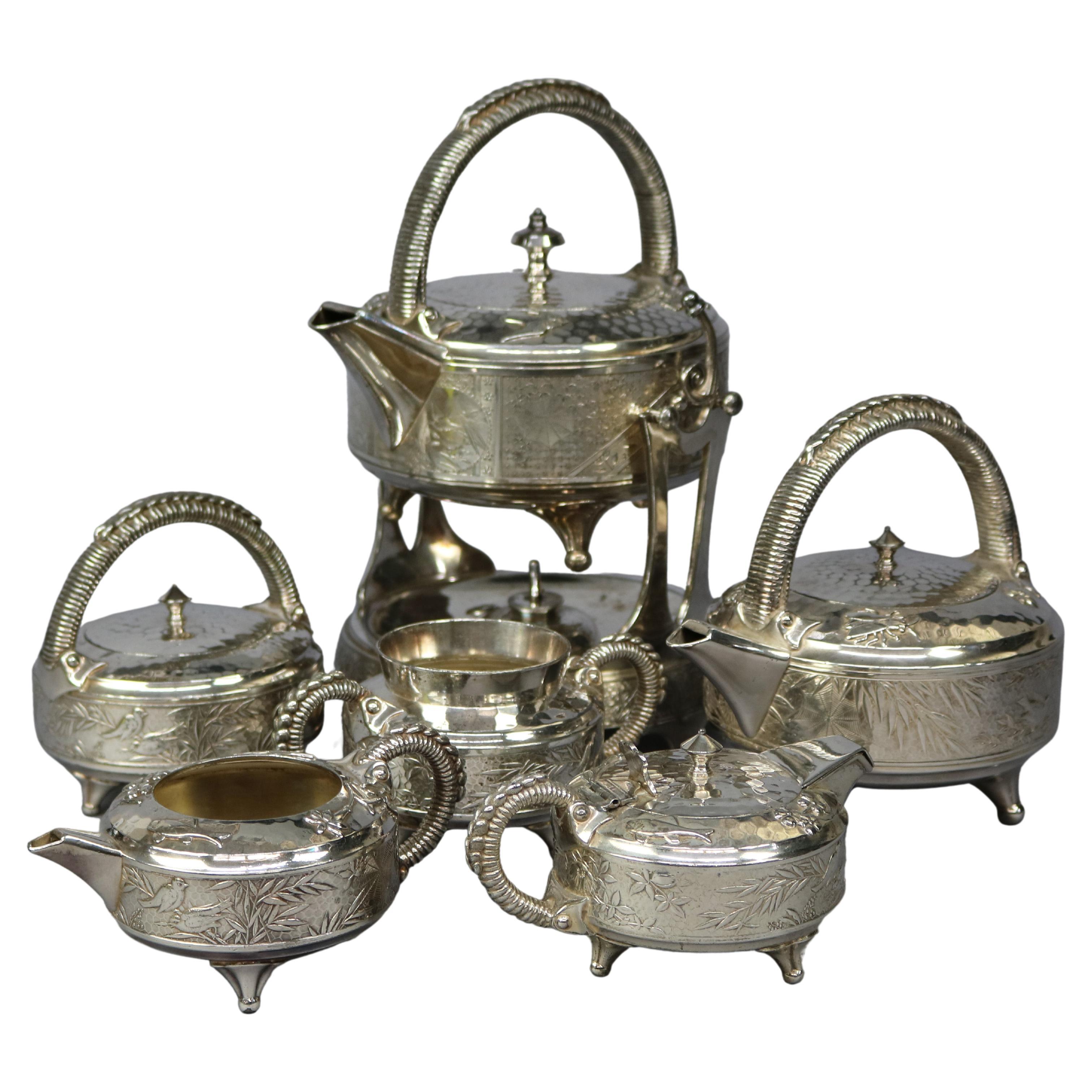 Antique Aesthetic Movement Hammered Silver Plate Tea Set by Rogers, 1870