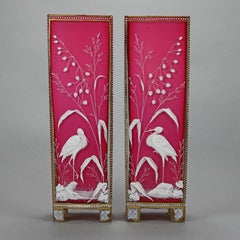 Antique Aesthetic Movement Hand Decorated & Gilt Cranberry Cased Glass Vases