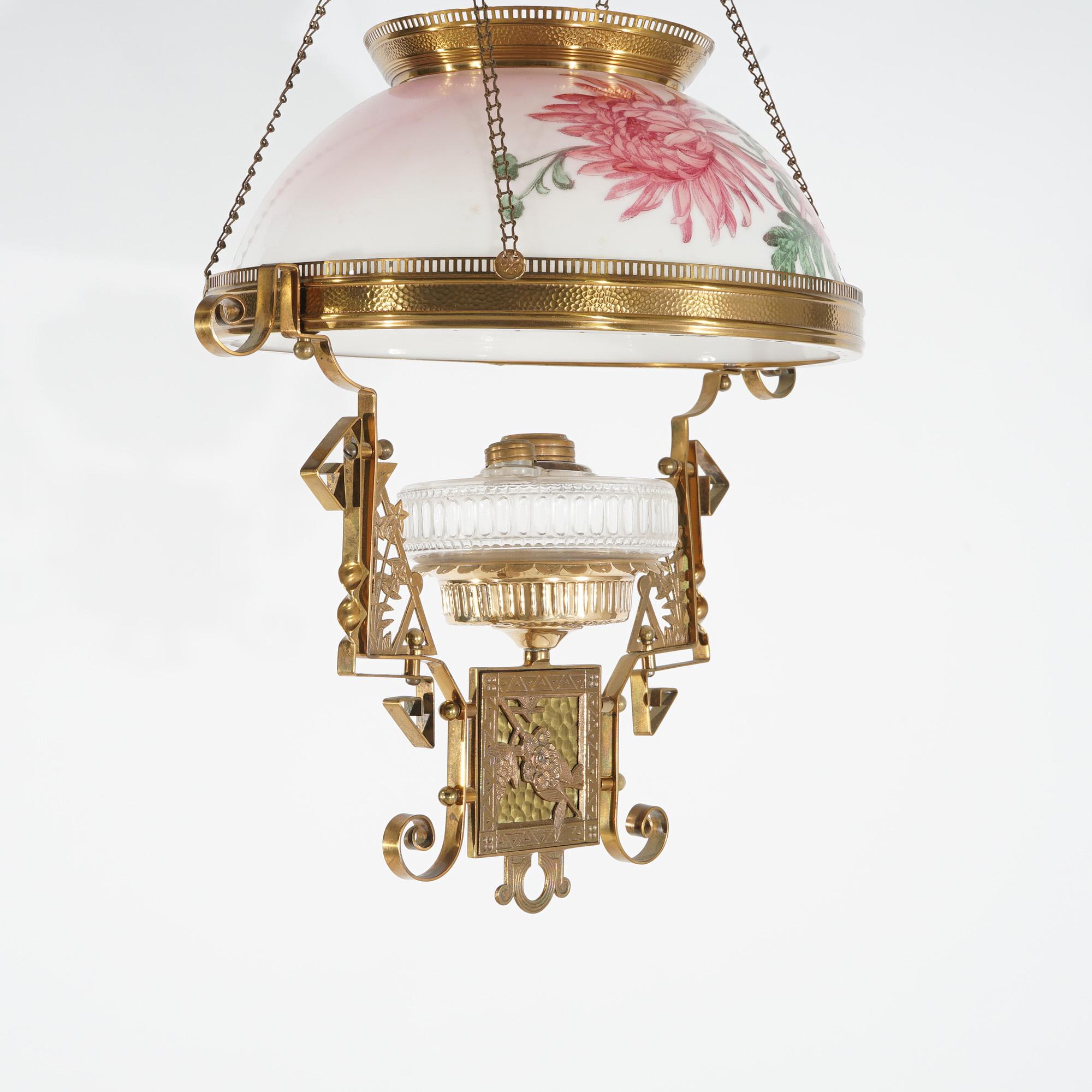 Hand-Painted Antique Aesthetic Movement Hand Painted Hanging Kerosene Lamp C1890