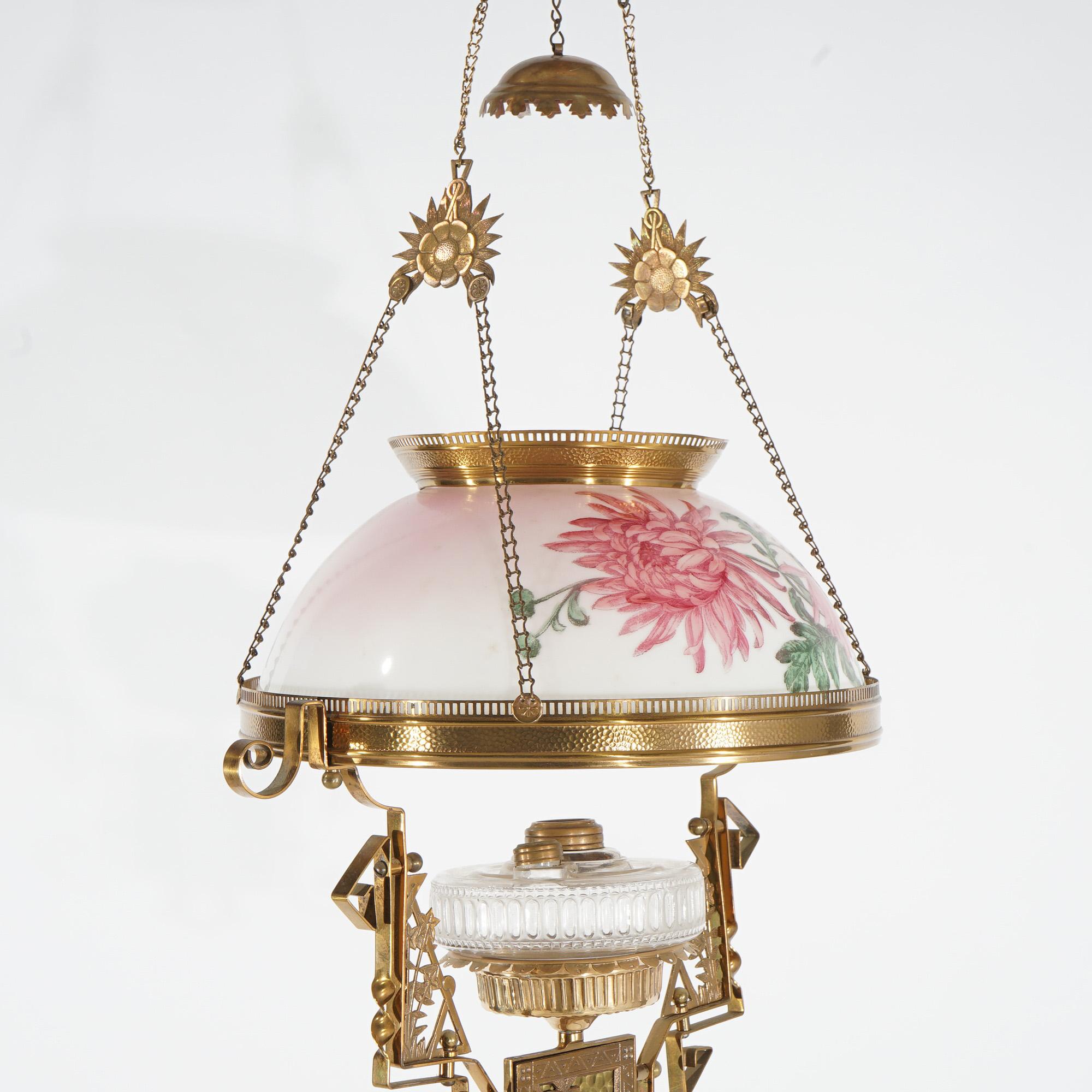 Antique Aesthetic Movement Hand Painted Hanging Kerosene Lamp C1890 In Good Condition For Sale In Big Flats, NY