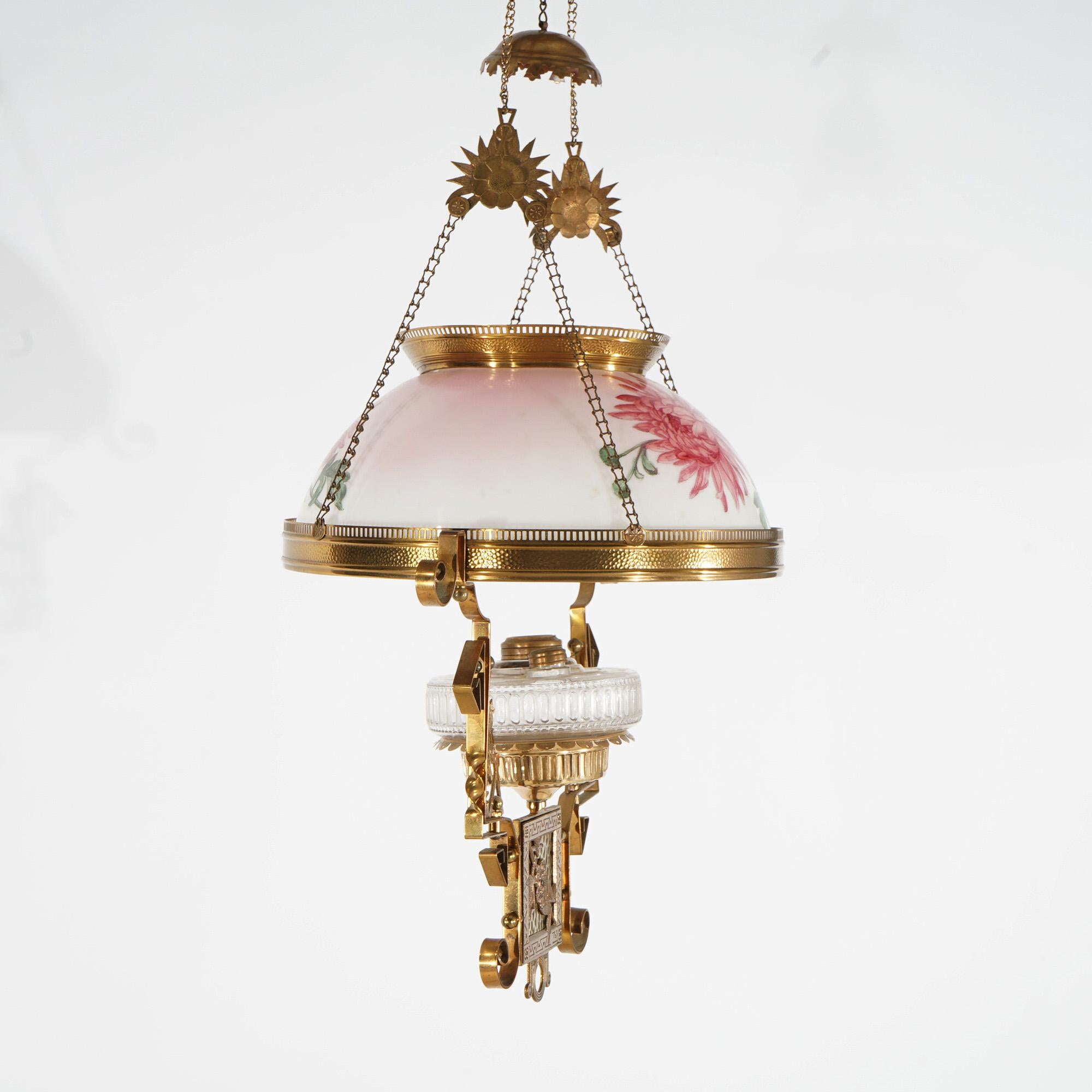 Brass Antique Aesthetic Movement Hand Painted Hanging Kerosene Lamp C1890 For Sale