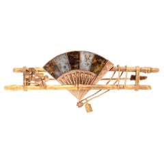 Broche Ancienne Aesthetic Movement Japonisme Or & Quartz Or Eventail & Bambou