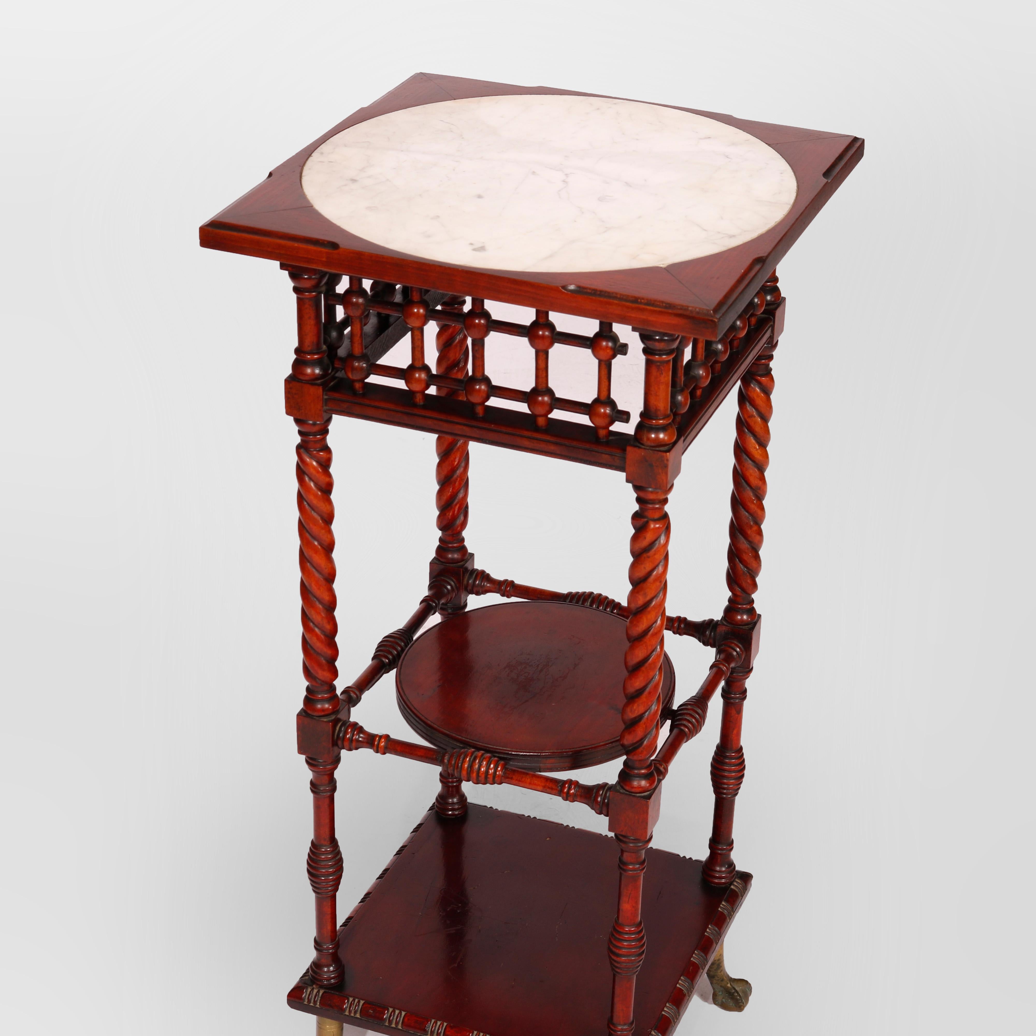 Antique Aesthetic Movement Mahogany Stick & Ball Side Table & Inset Marble c1900 In Good Condition In Big Flats, NY