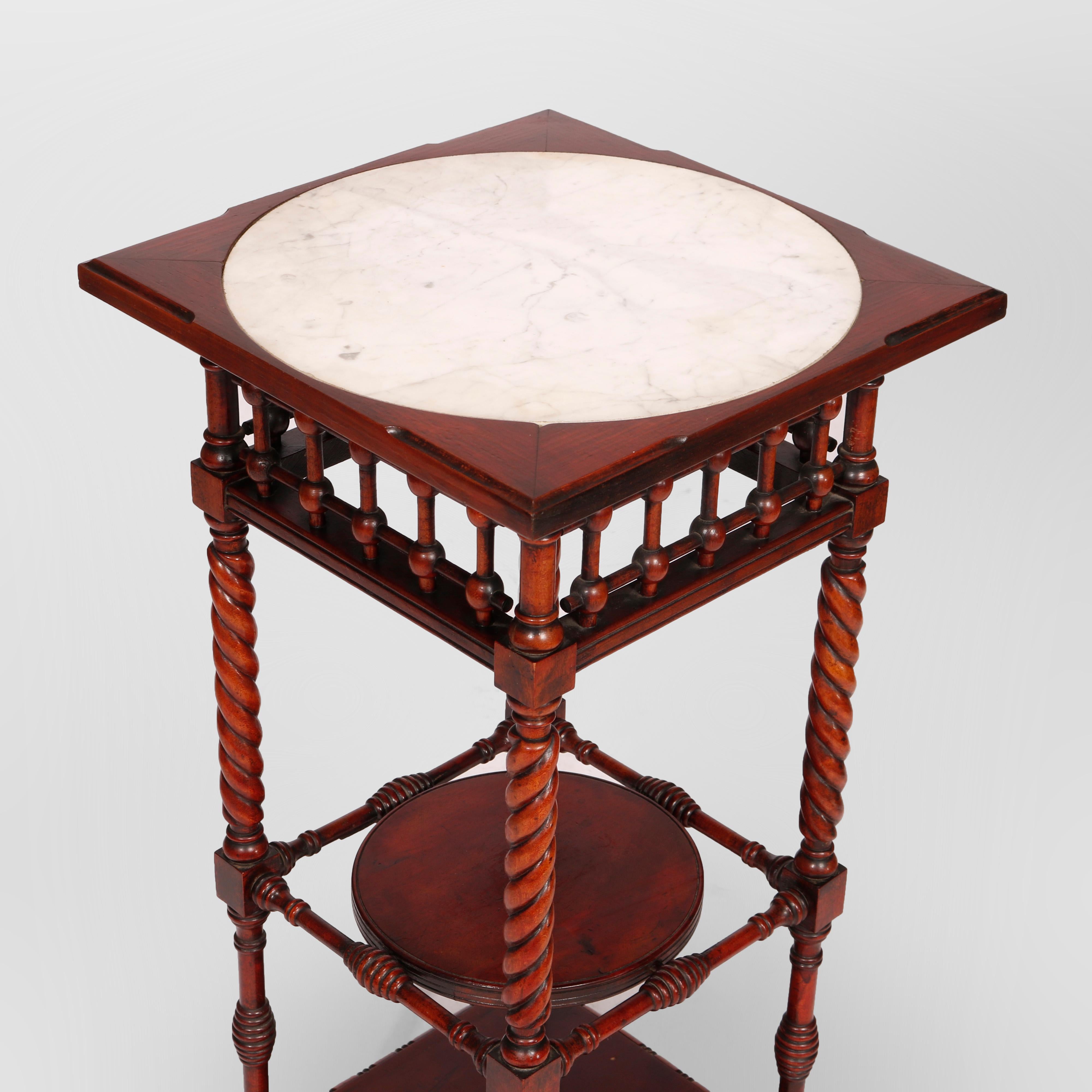 20th Century Antique Aesthetic Movement Mahogany Stick & Ball Side Table & Inset Marble c1900